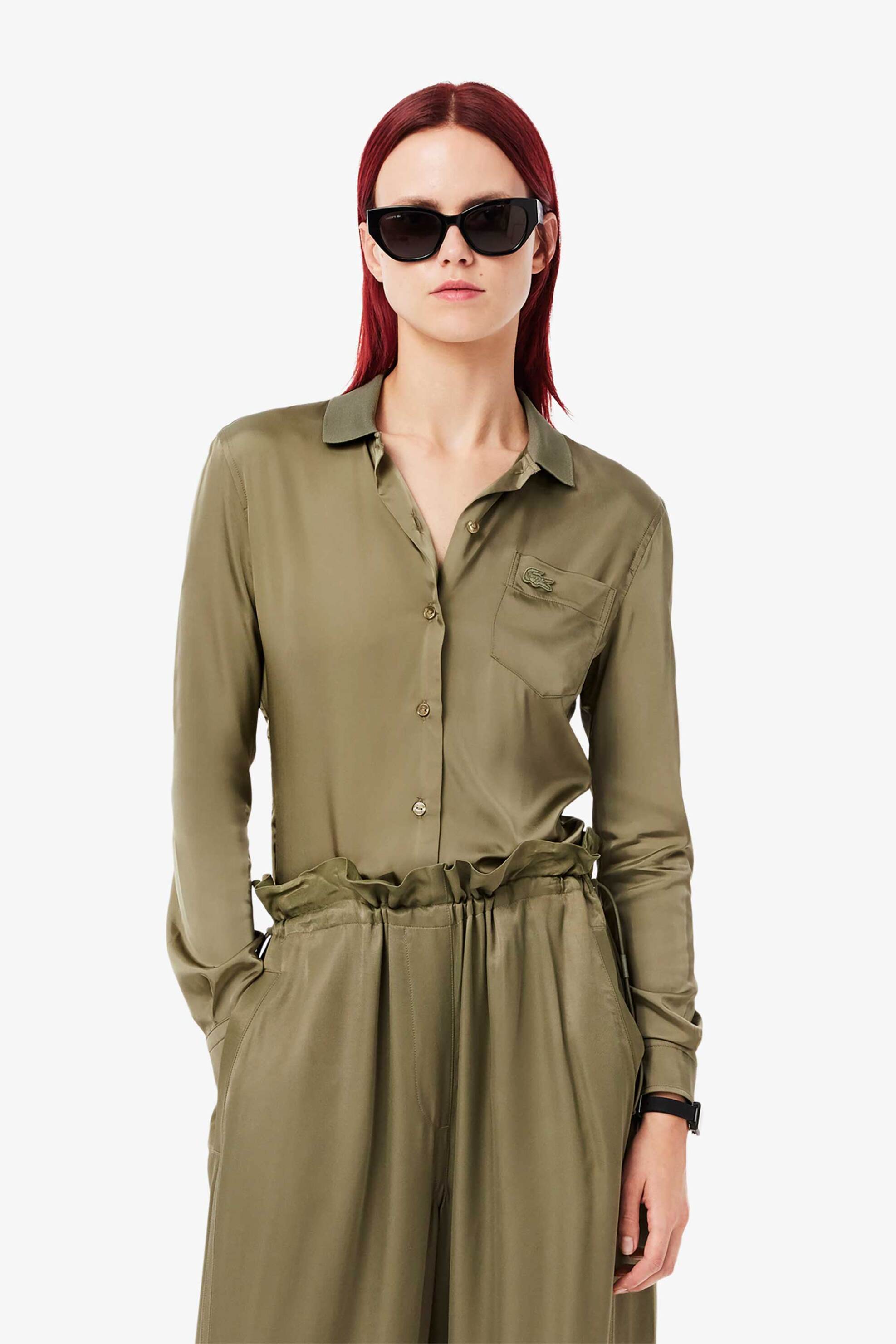 Lacoste γυναικείο πουκάμισο μονόχρωμο με τσέπη και κεντημένο λογότυπο Slim Fit - CF3885-00 Λαδί