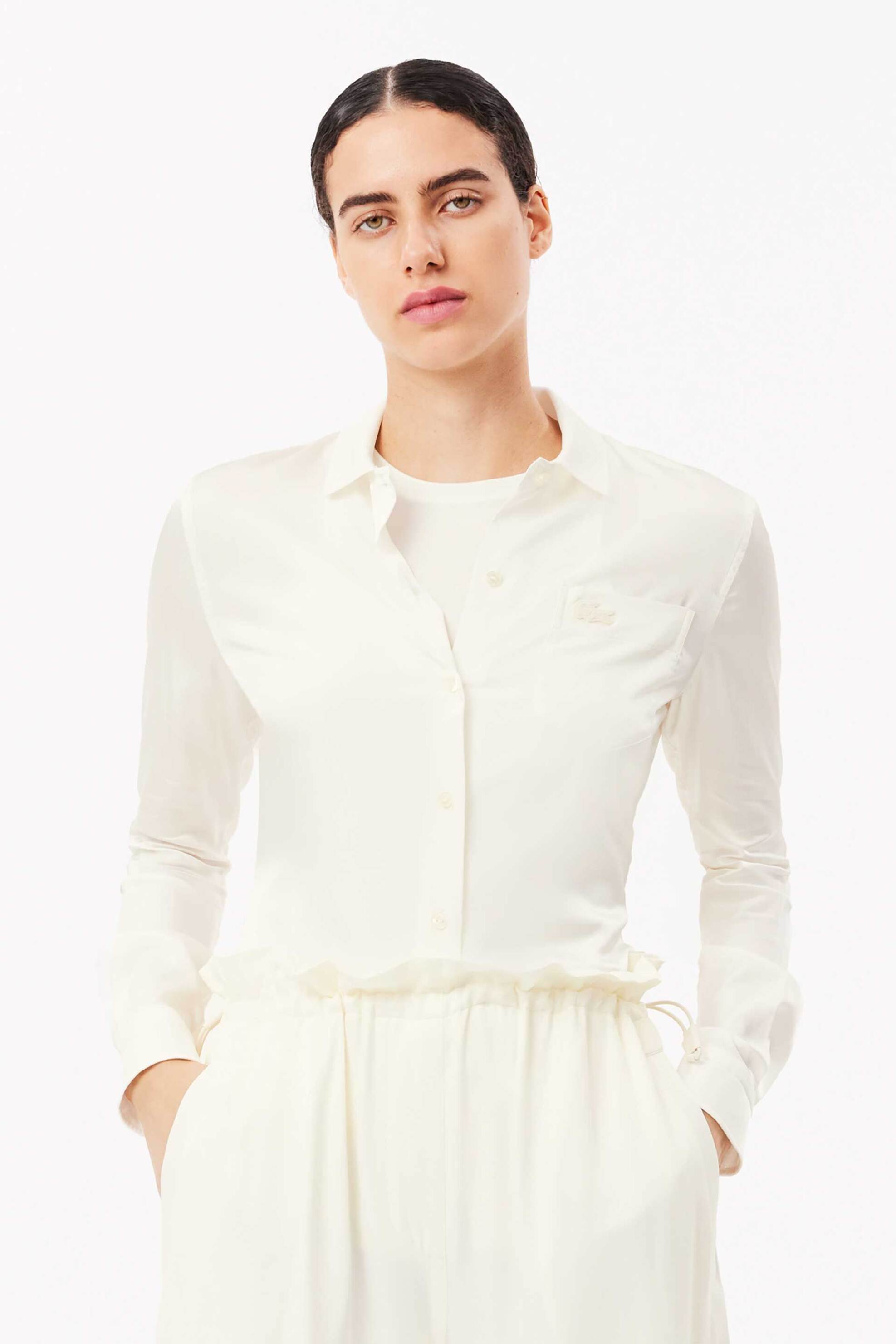 Lacoste γυναικείο πουκάμισο μονόχρωμο με τσέπη και κεντημένο λογότυπο Slim Fit - CF3885-00 Εκρού