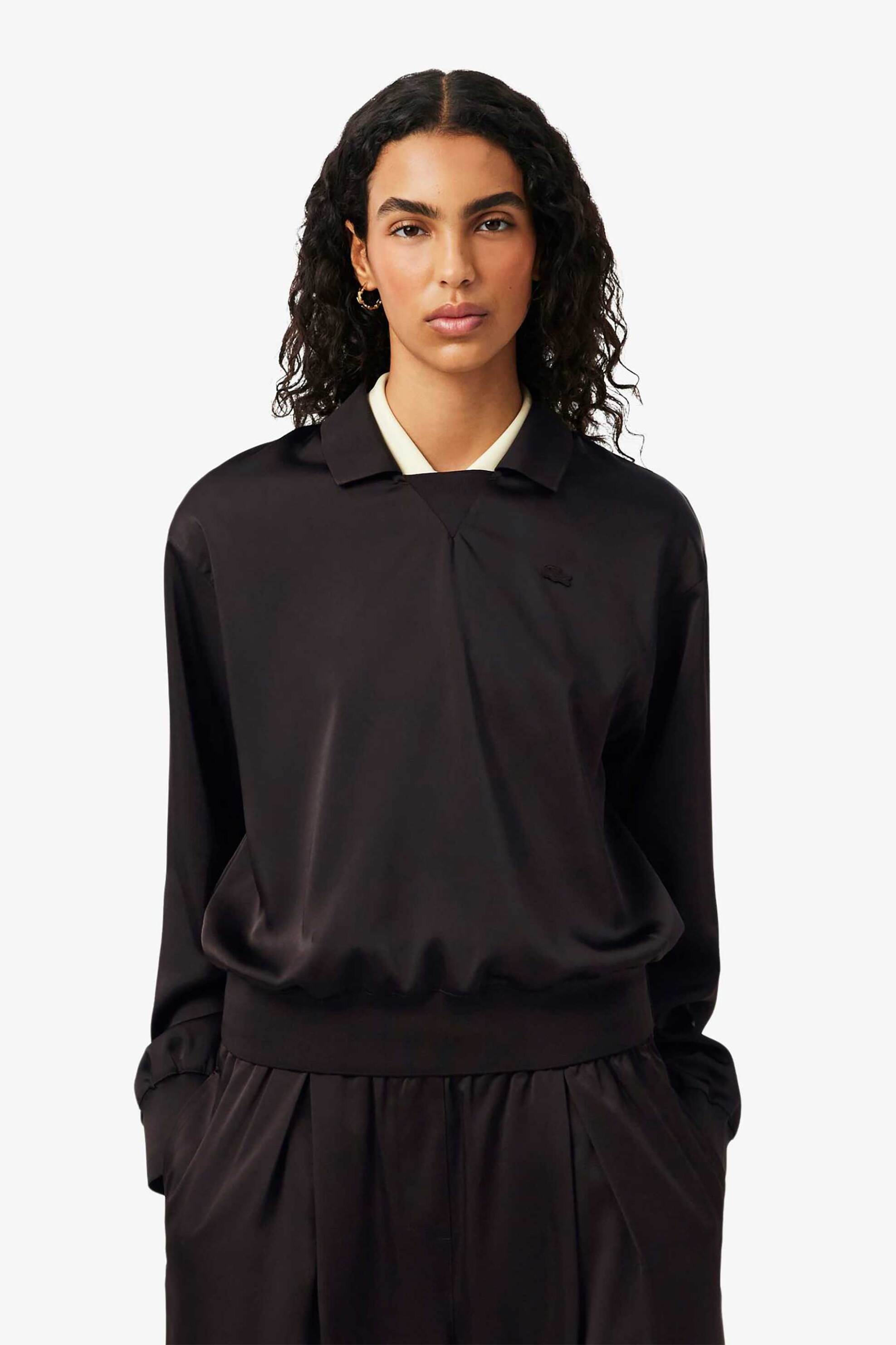 Lacoste γυναικεία μπλούζα πόλο με σατέν όψη Relaxed Fit - CF9802 Καφέ Σκούρο