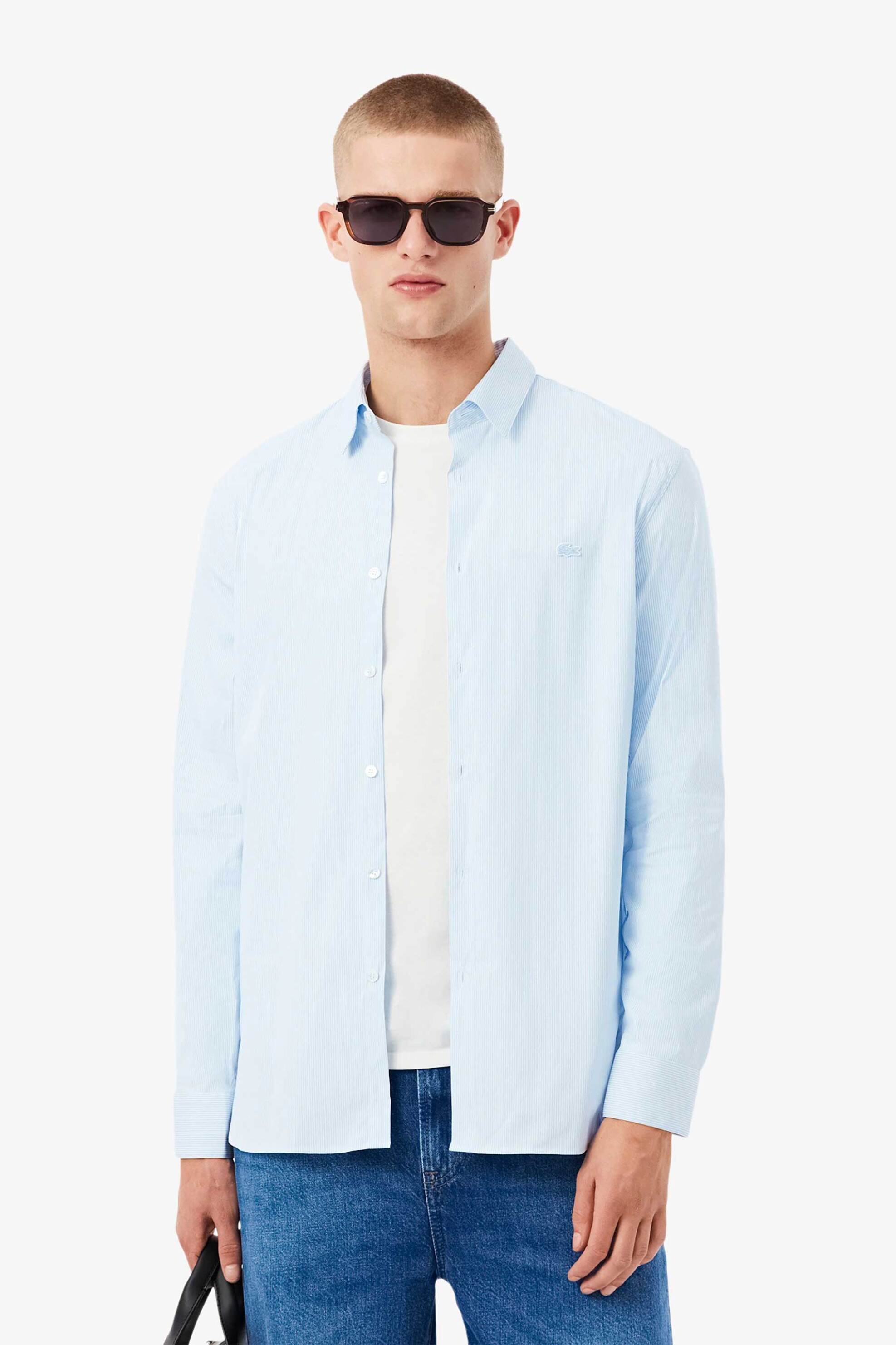 Lacoste ανδρικό πουκάμισο με ριγέ σχέδιο και κεντημένο λογότυπο Slim Fit - CH0198 Σιελ