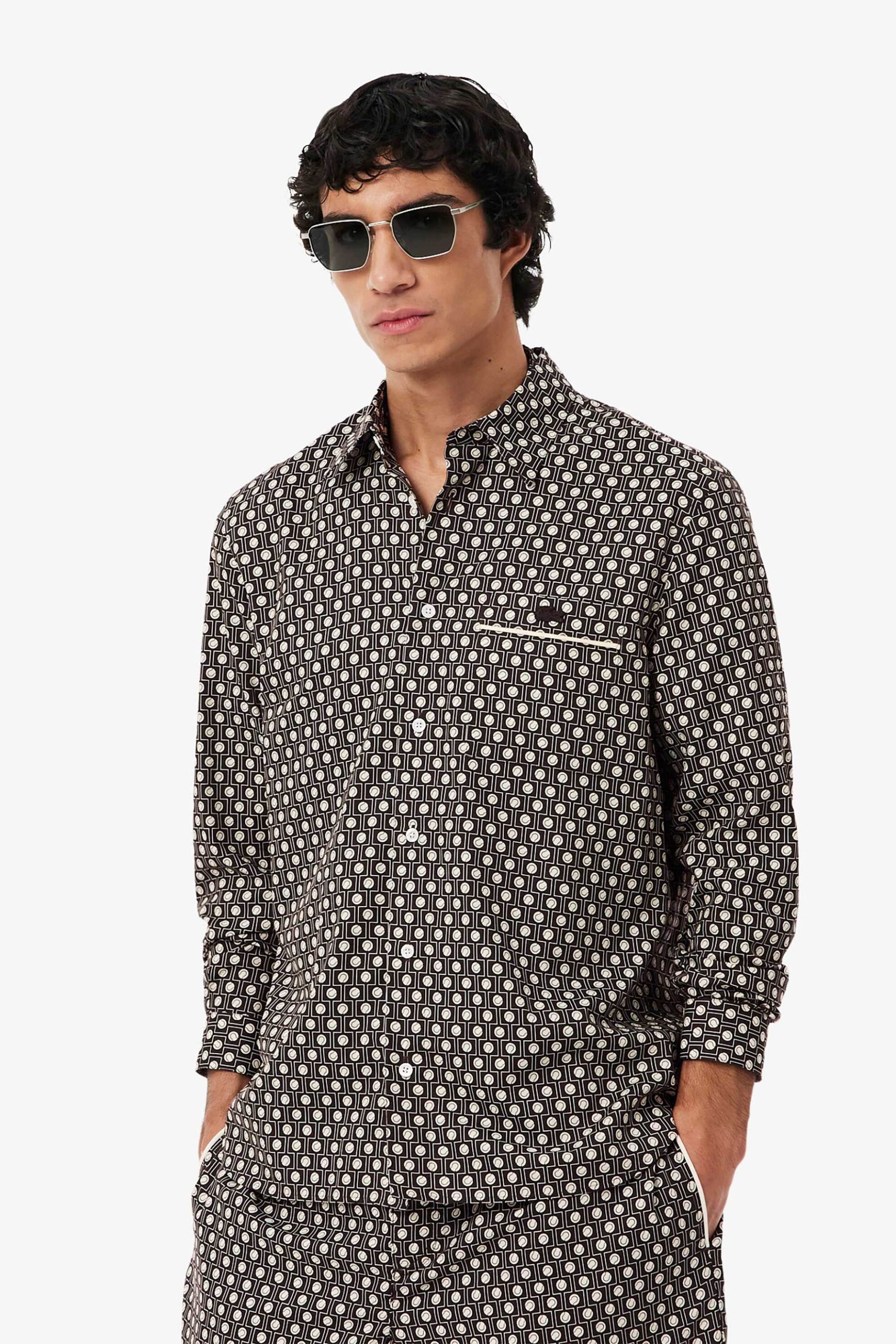 Lacoste ανδρικό πουκάμισο με all-over print και τσέπη με κεντημένο λογότυπο Regular Fit - CH0710-00 Καφέ Σκούρο