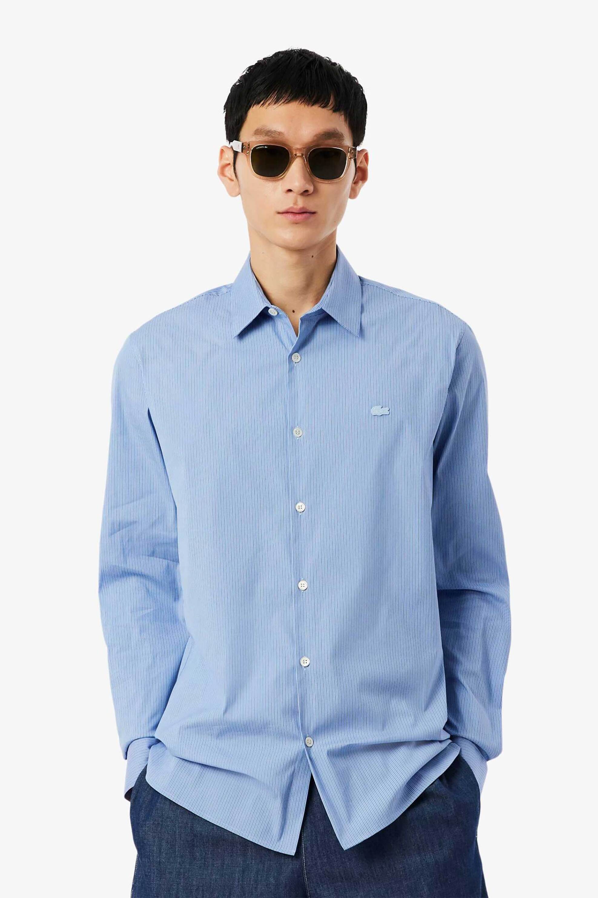 Lacoste ανδρικό πουκάμισο poplin με ριγέ σχέδιο και λογότυπο Slim Fit - CH2338 Μπλε Ανοιχτό