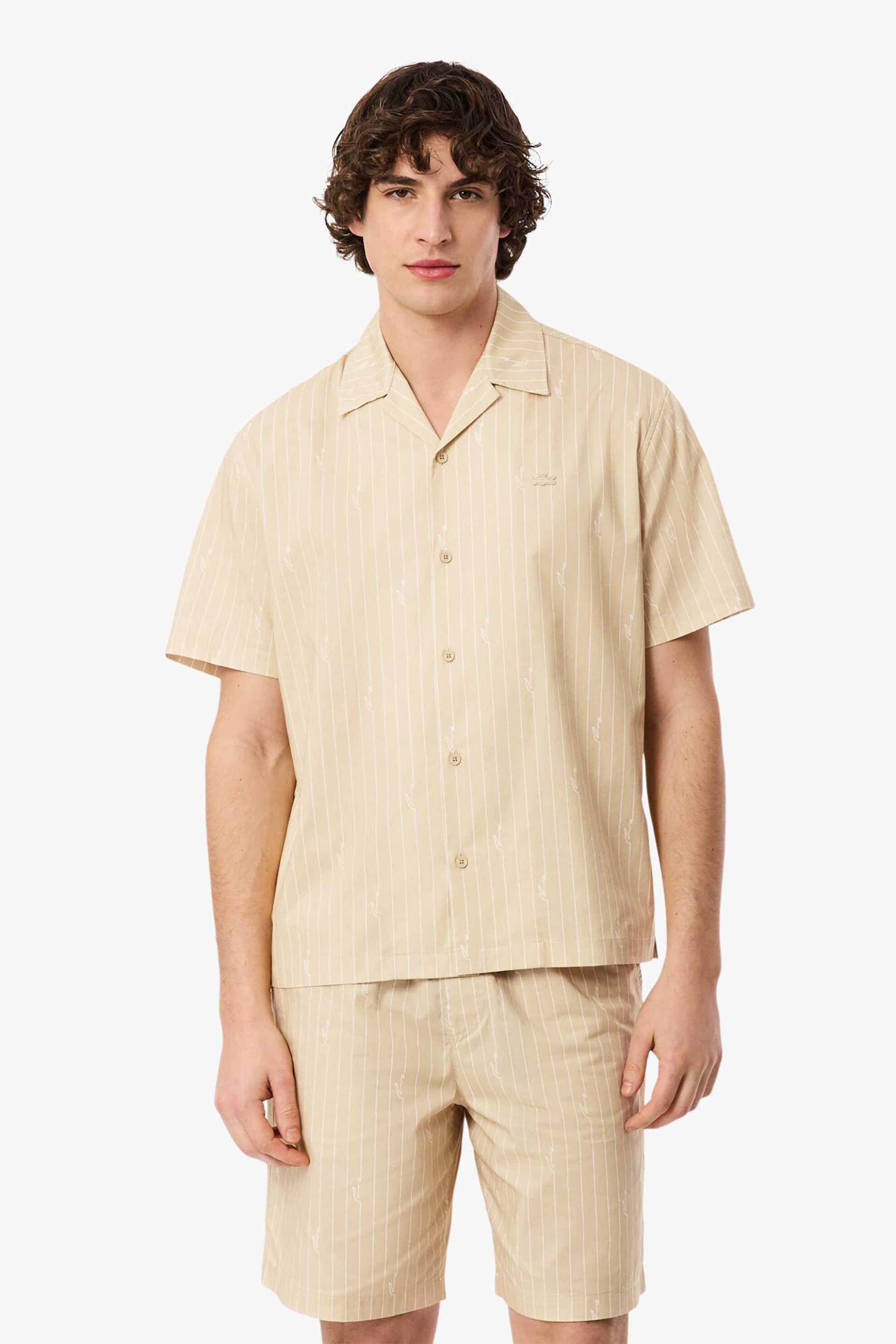 Lacoste ανδρικό πουκάμισο twill με ριγέ σχέδιο και λογότυπο Relaxed Fit - CH2343 Μπεζ