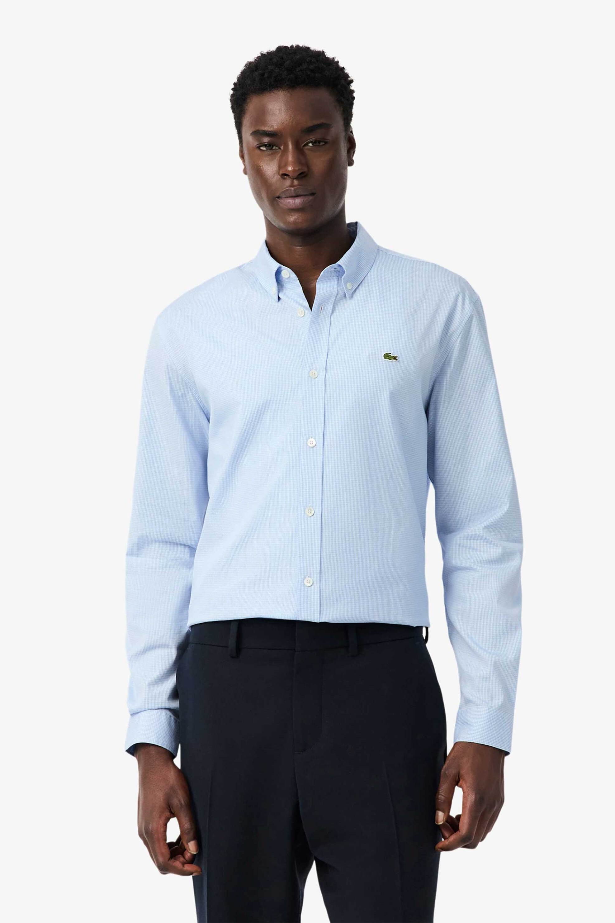 Lacoste ανδρικό πουκάμισο button down με ψιλό καρό σχέδιο και λογότυπο Regular Fit - CH2433 Σιελ