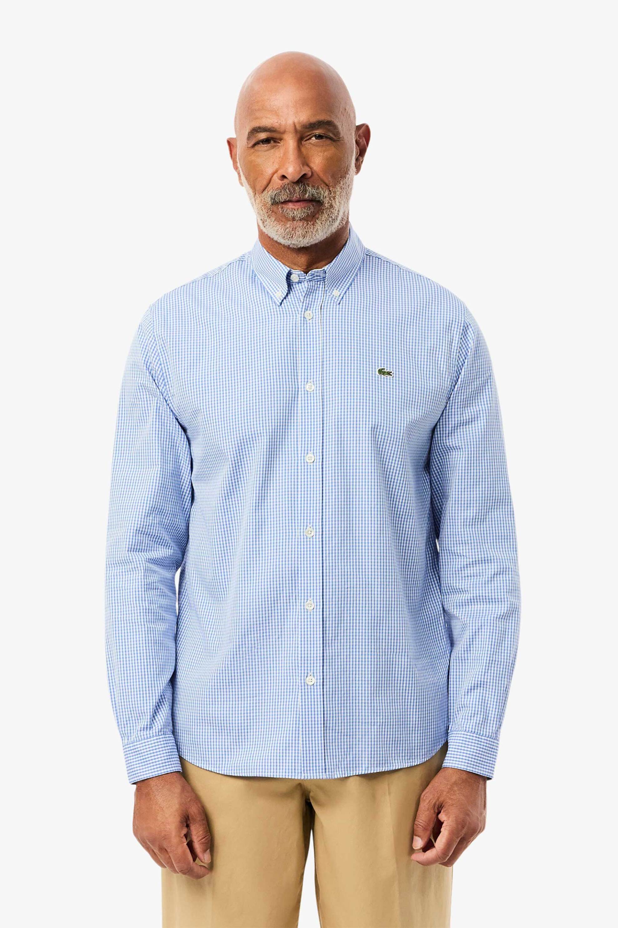 Lacoste ανδρικό πουκάμισο button down με ψιλό καρό σχέδιο και κεντημένο λογότυπο Regular Fit - CH2932 Μπλε Ανοιχτό
