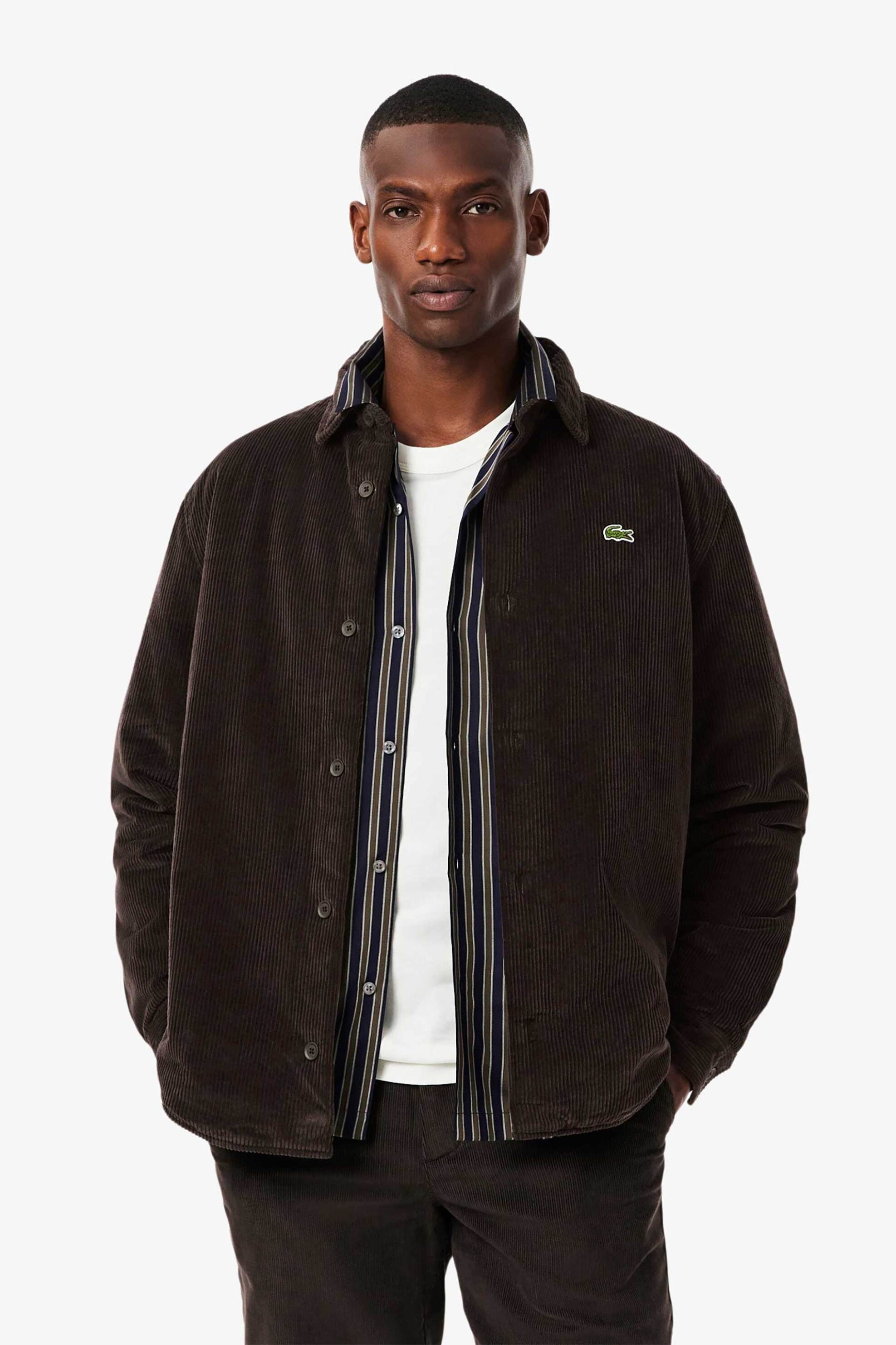 Lacoste ανδρικό κοτλέ overshirt με κεντημένο λογότυπο Oversized Fit - CH3512-00 Καφέ Σκούρο