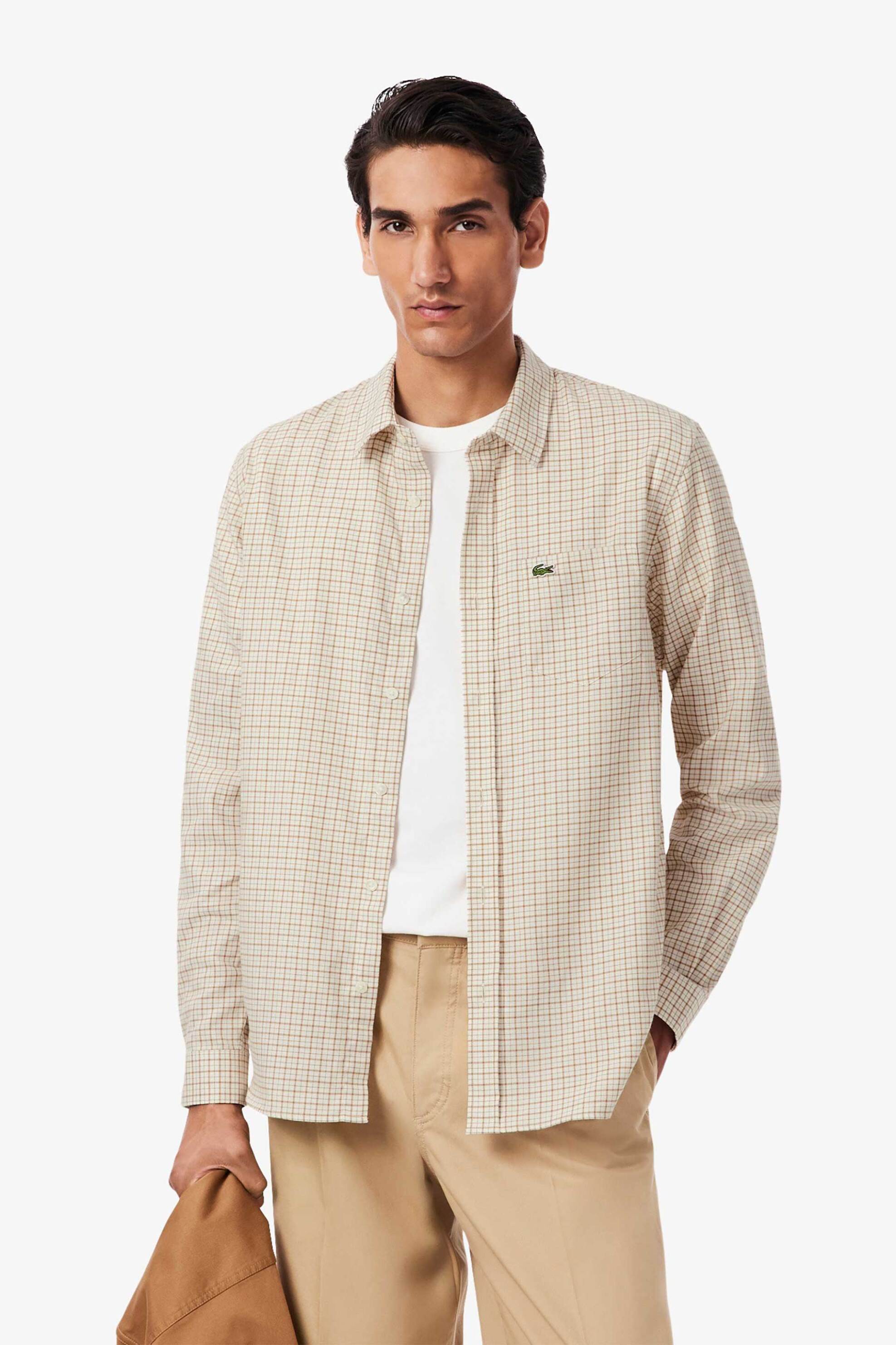 Lacoste ανδρικό πουκάμισο flannel με καρό σχέδιο και τσέπη με κεντημένο λογότυπο Regular Fit - CH5093-00 Μπεζ