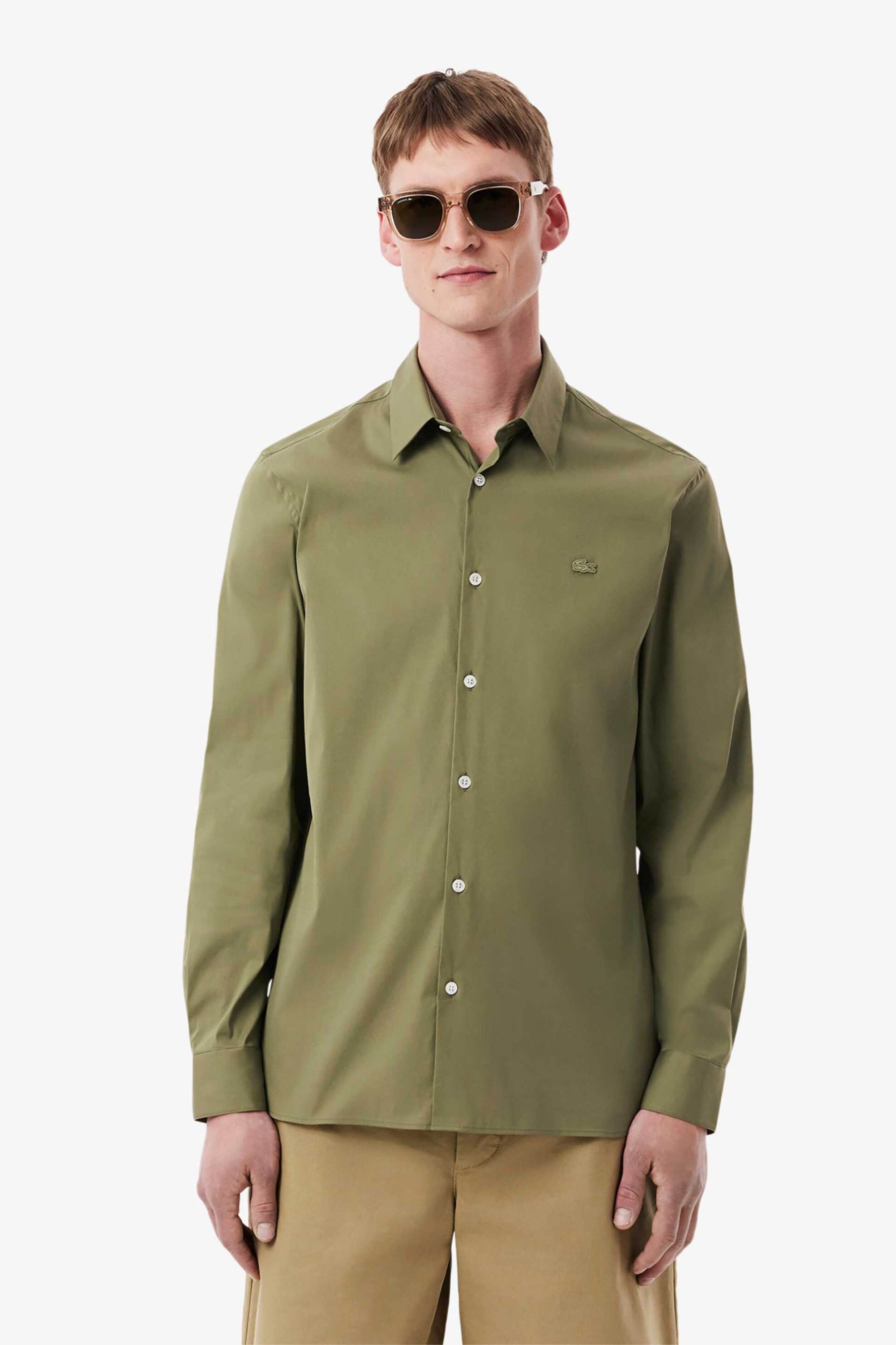 LACOSTE Lacoste ανδρικό πουκάμισο poplin με ton-sur-ton κεντημένο λογότυπο Slim Fit - CH5253 Λαδί