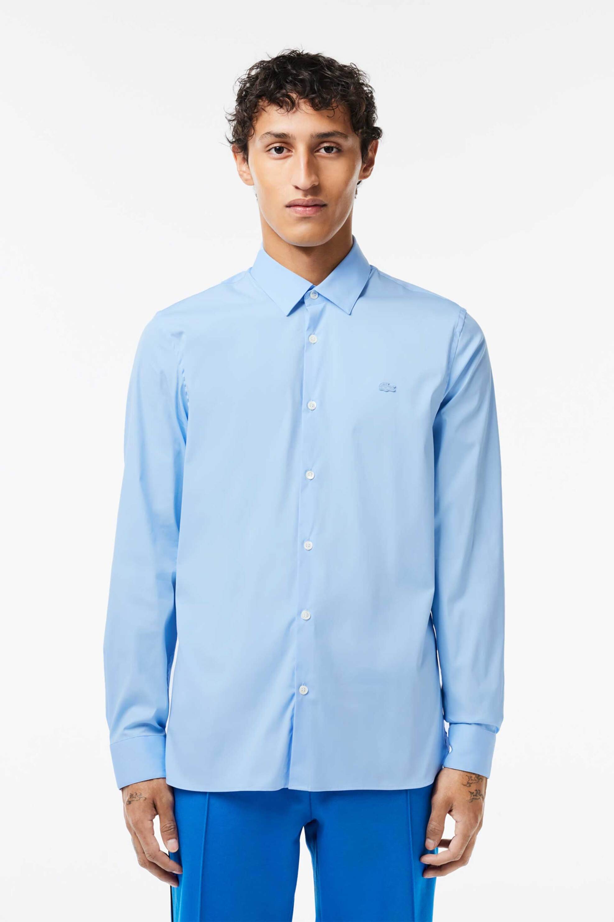 Lacoste ανδρικό πουκάμισο poplin με ton-sur-ton κεντημένο λογότυπο Slim Fit - CH5253 Μπλε Ανοιχτό