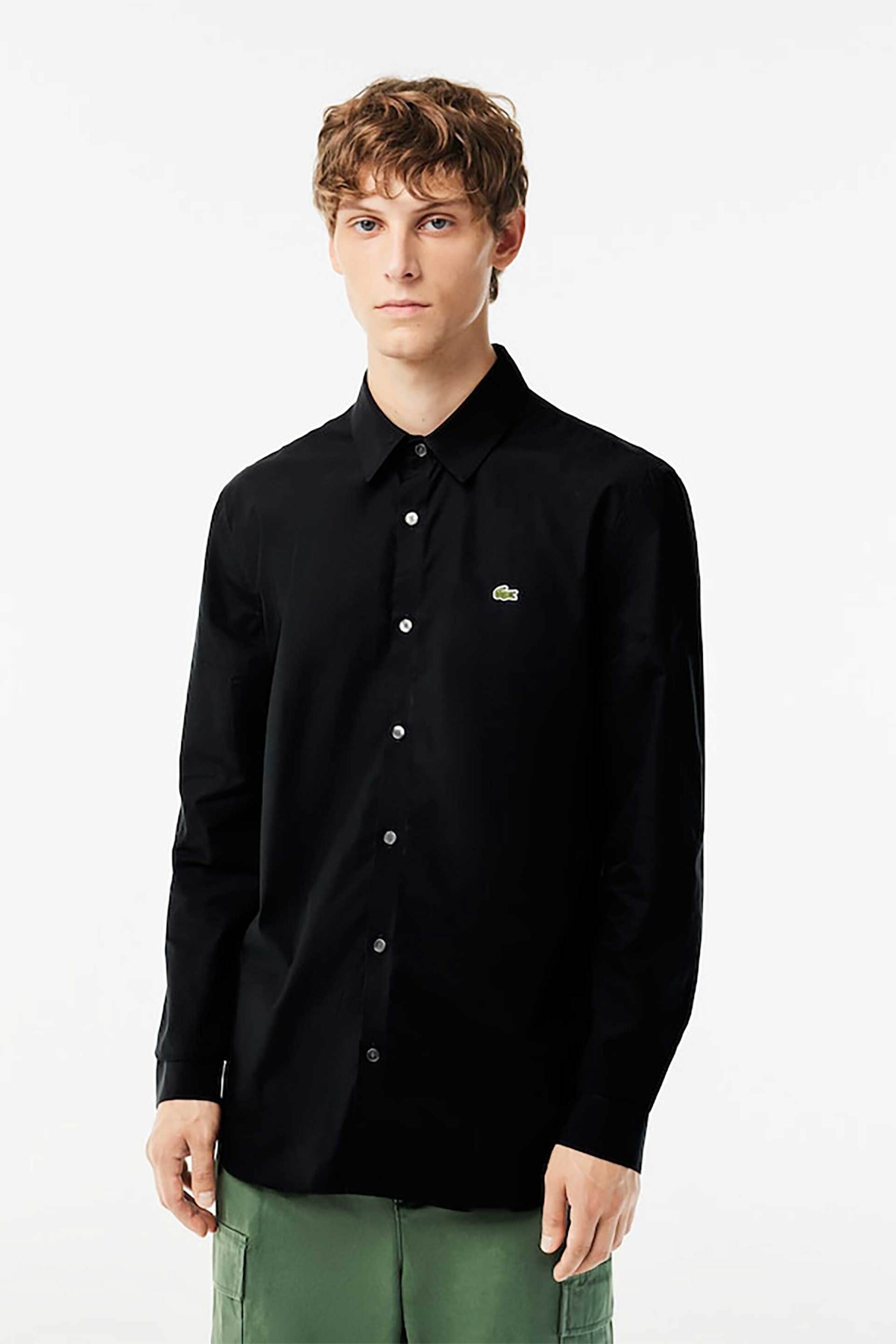 Lacoste ανδρικό πουκάμισο stretch poplin με κεντημένο λογότυπο Slim Fit - CH5620 Μαύρο