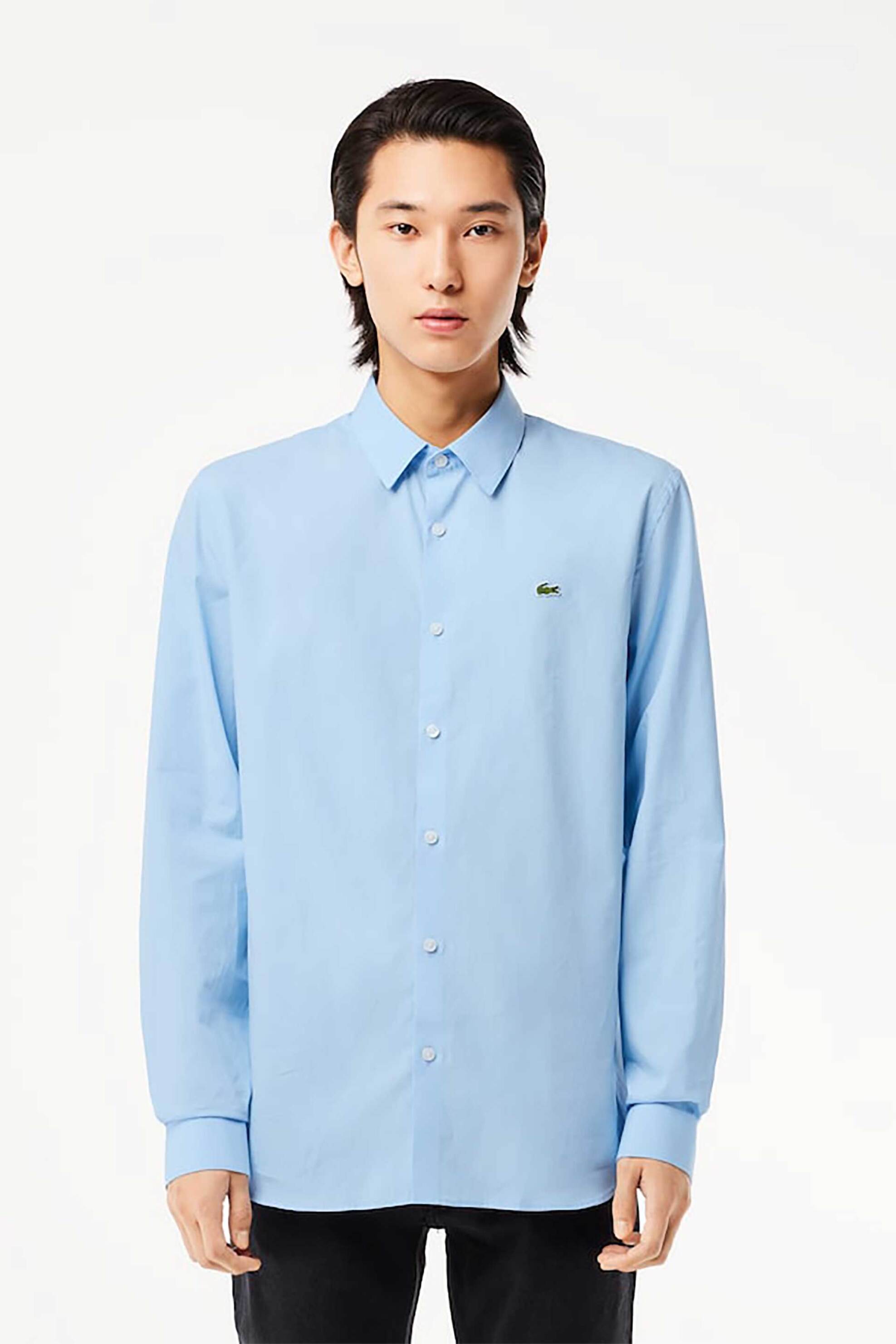 LACOSTE Lacoste ανδρικό πουκάμισο stretch poplin με κεντημένο λογότυπο Slim Fit - CH5620 Σιελ