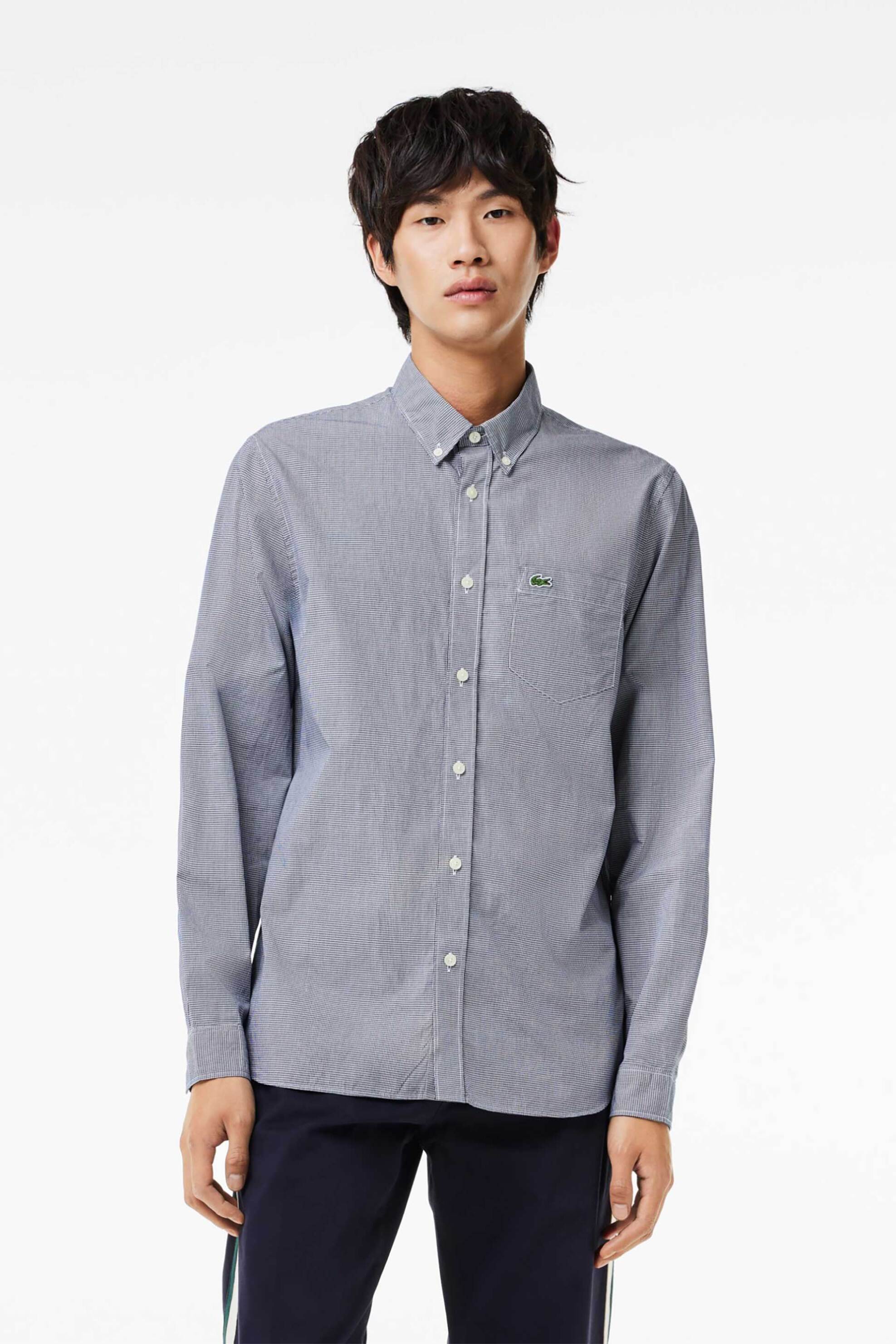 LACOSTE Lacoste ανδρικό πουκάμισο gingham poplin με ψιλό καρό σχέδιο και τσέπη με κεντημένο λογότυπο Regular Fit - CH5621 Μπλε Σκούρο