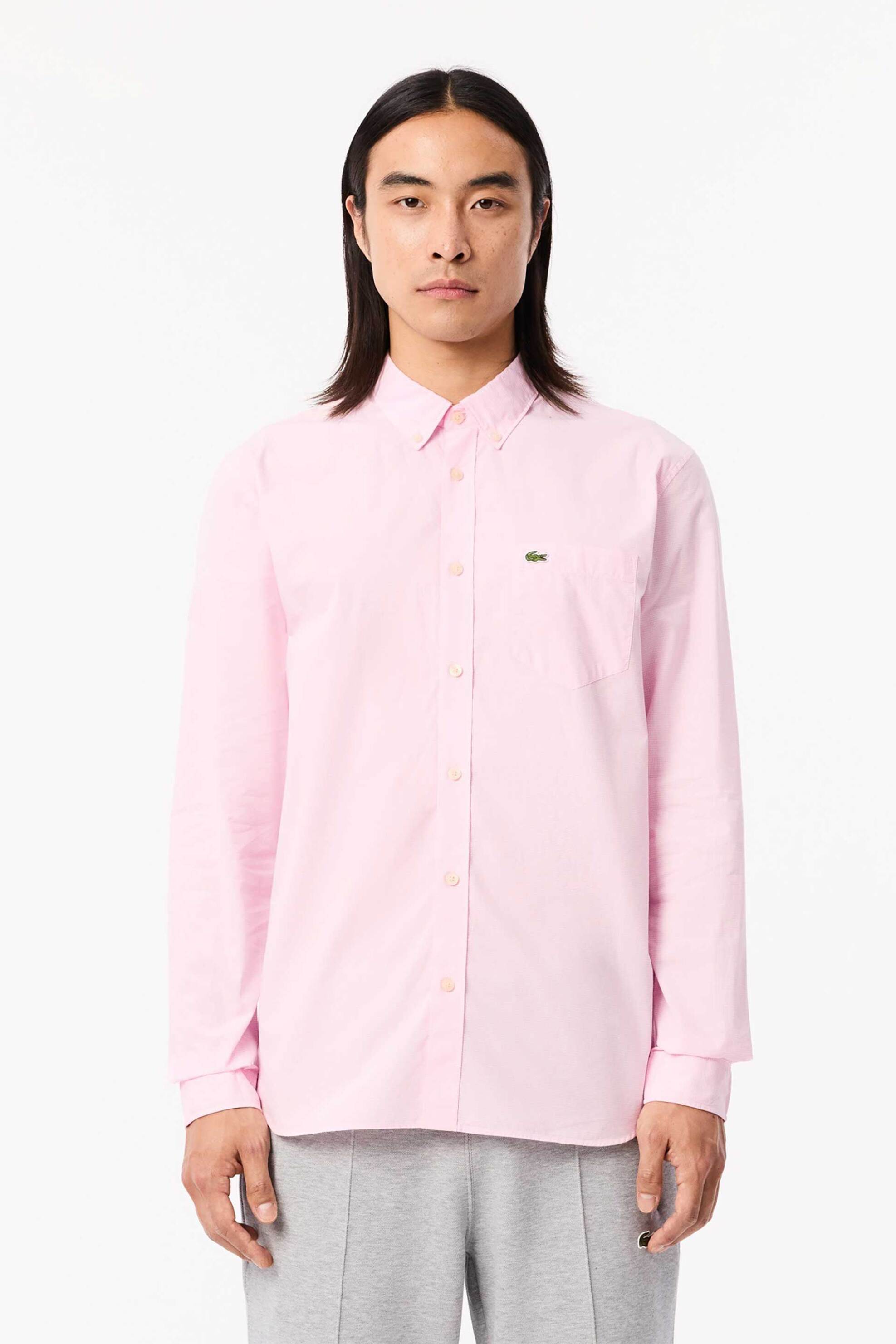 Lacoste ανδρικό πουκάμισο gingham poplin με ψιλό καρό σχέδιο και τσέπη με κεντημένο λογότυπο Regular Fit - CH5621 Ροζ