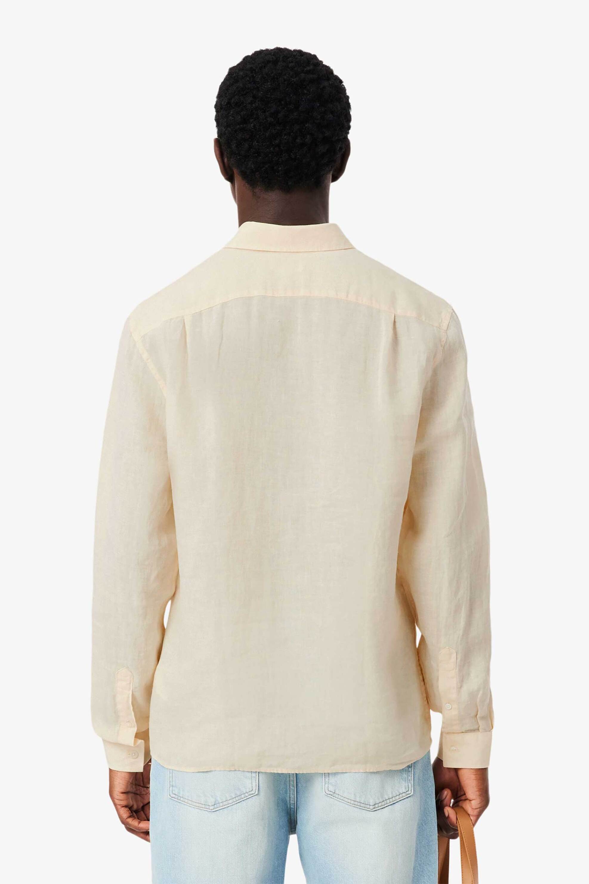 Lacoste Ανδρικό Λινό Πουκάμισο Button Down με Τσέπη Και Κεντημένο Λογότυπο Regular Fit - Ch5692 Εκρού