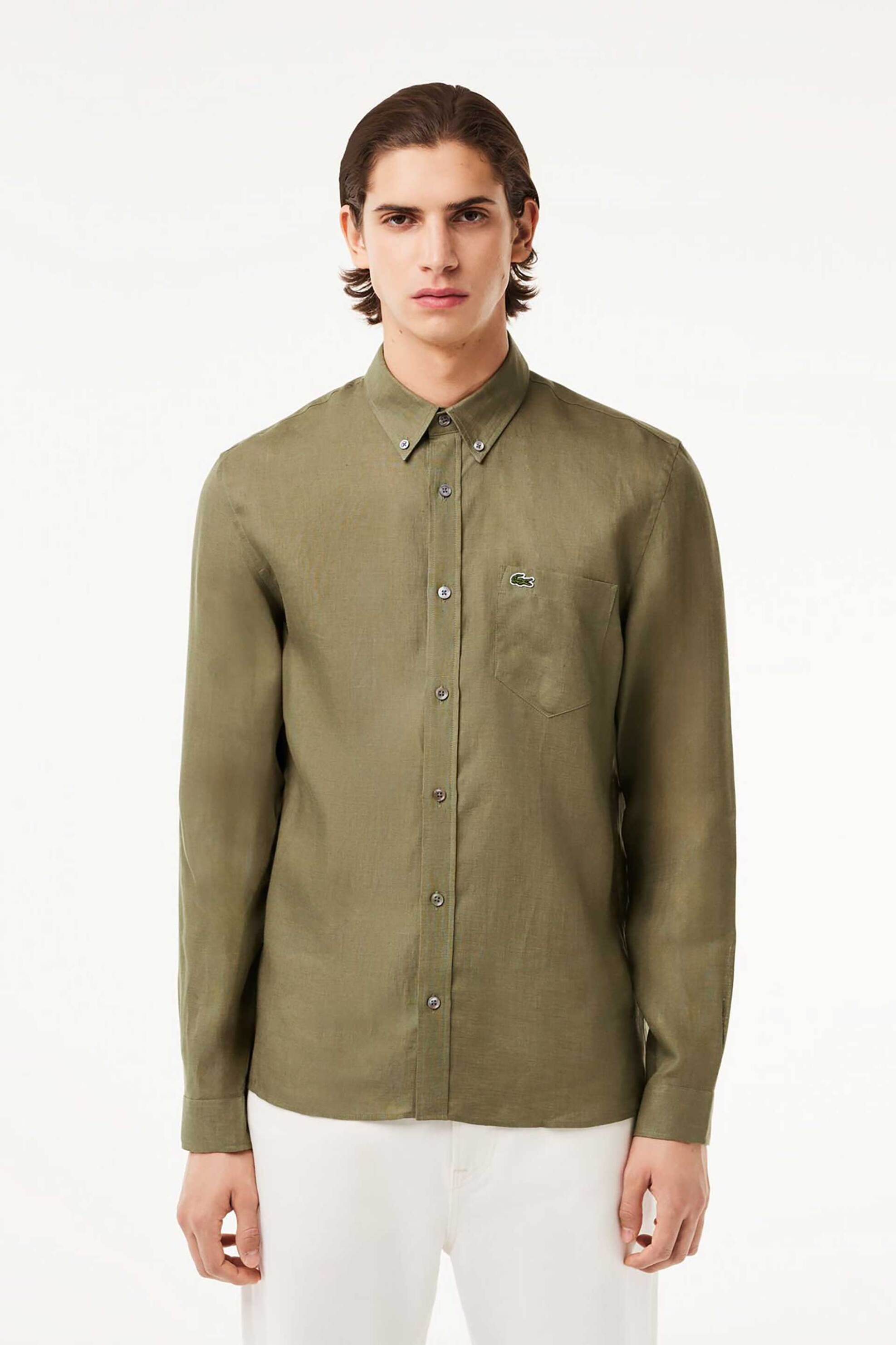 Lacoste ανδρικό λινό πουκάμισο button down με τσέπη και κεντημένο λογότυπο Regular Fit - CH5692 Χακί