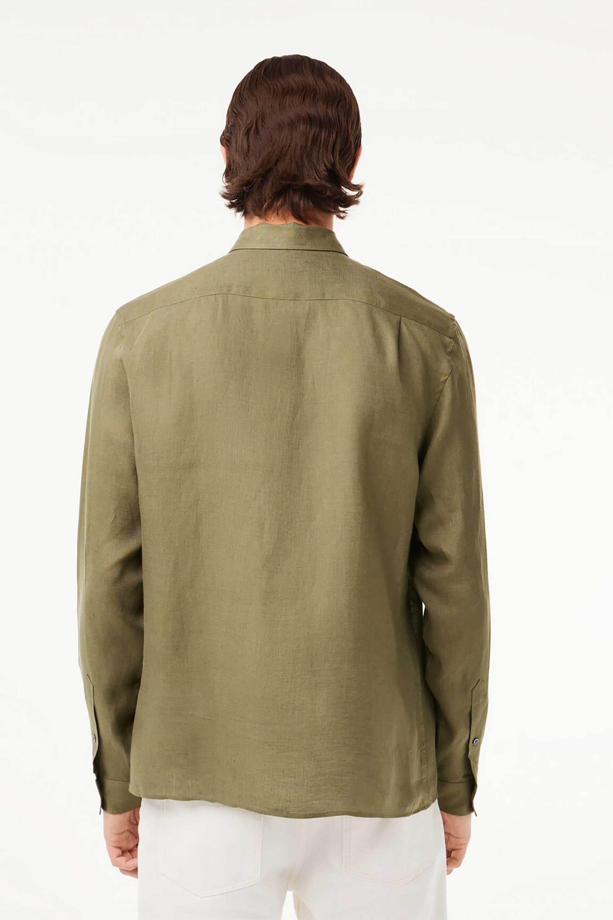 Lacoste Ανδρικό Λινό Πουκάμισο Button Down με Τσέπη Και Κεντημένο Λογότυπο Regular Fit - Ch5692 Χακί