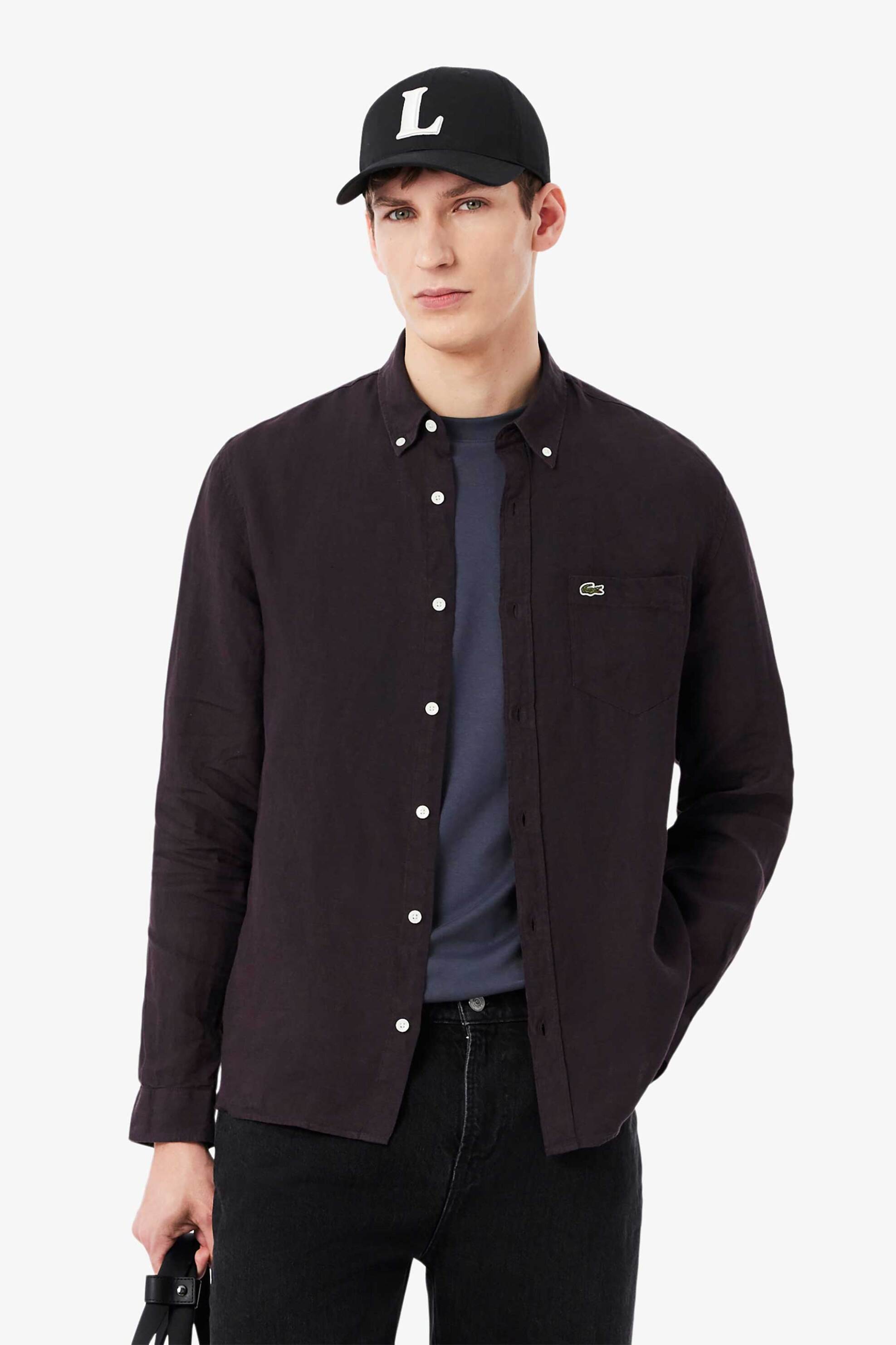 Lacoste ανδρικό λινό πουκάμισο button down με τσέπη και κεντημένο λογότυπο Regular Fit - CH5692 Καφέ Σκούρο