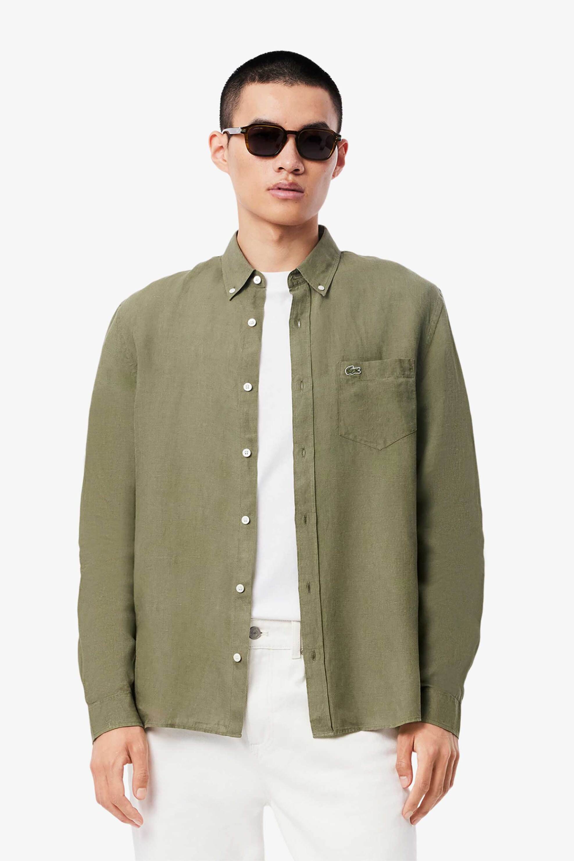 Lacoste ανδρικό λινό πουκάμισο button down με τσέπη και κεντημένο λογότυπο Regular Fit - CH5692 Λαδί