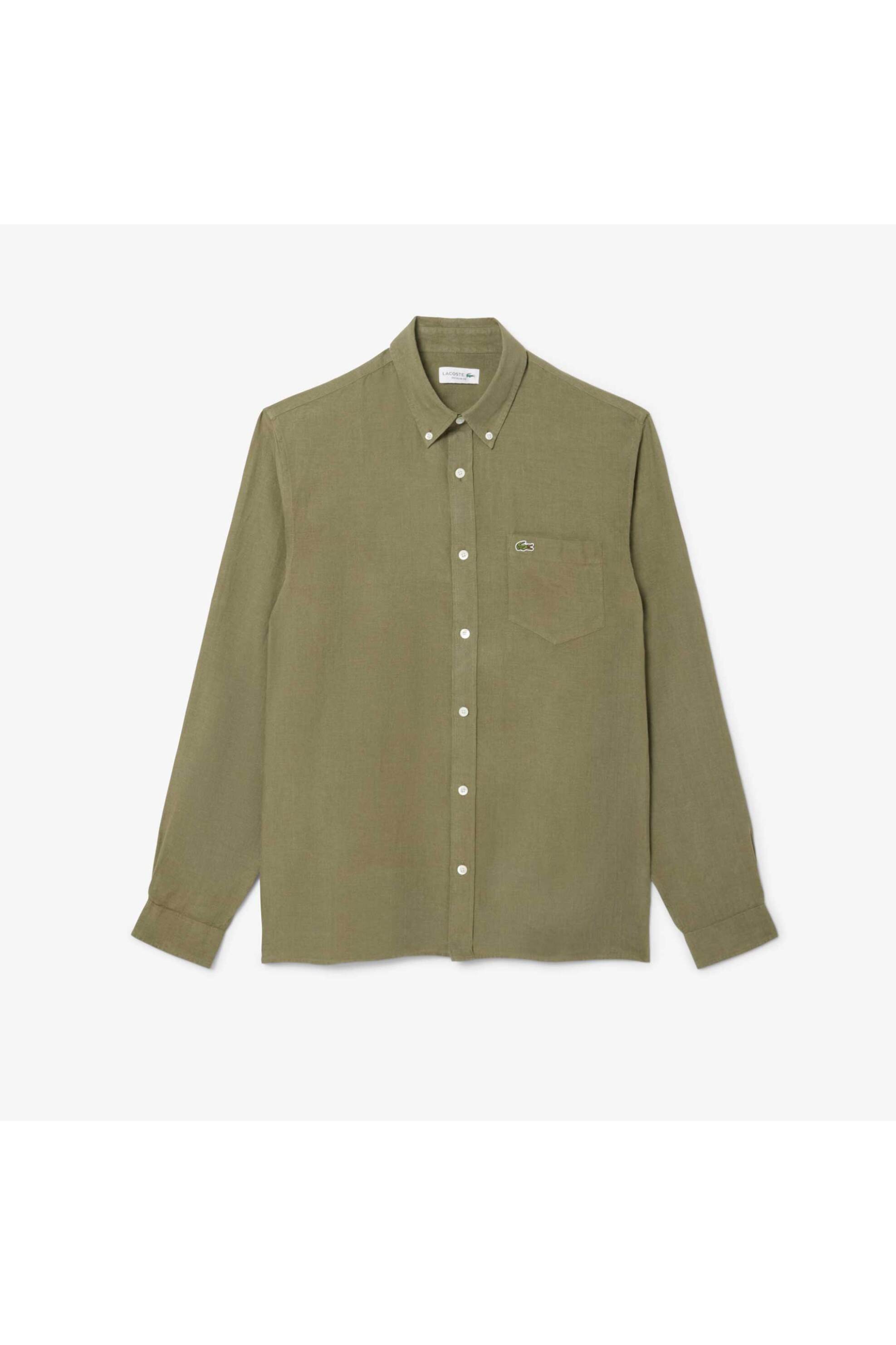Lacoste Ανδρικό Λινό Πουκάμισο Button Down με Τσέπη Και Κεντημένο Λογότυπο Regular Fit - Ch5692 Λαδί