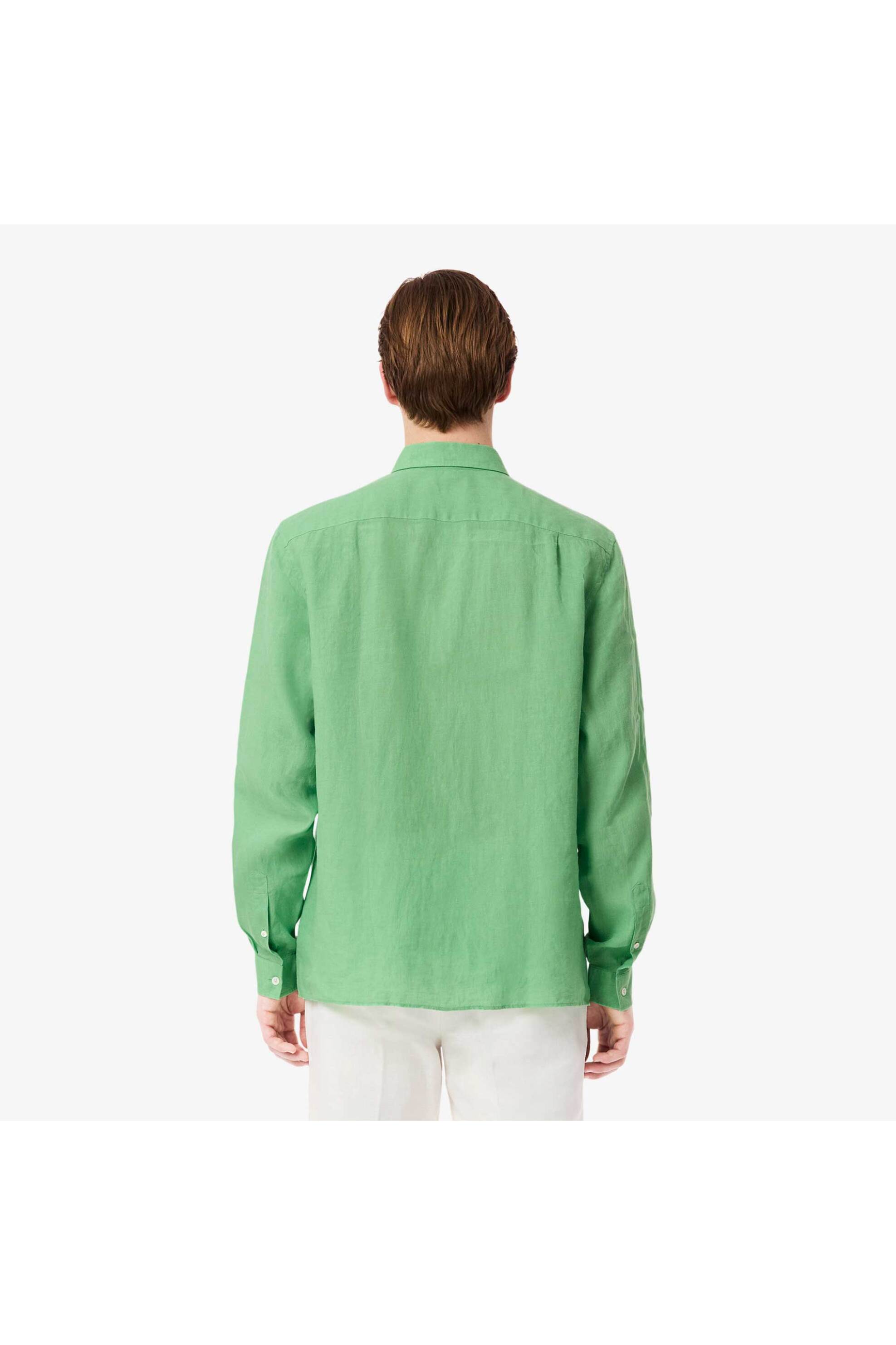 Lacoste Ανδρικό Λινό Πουκάμισο Button Down με Τσέπη Και Κεντημένο Λογότυπο Regular Fit - Ch5692 Πράσινο