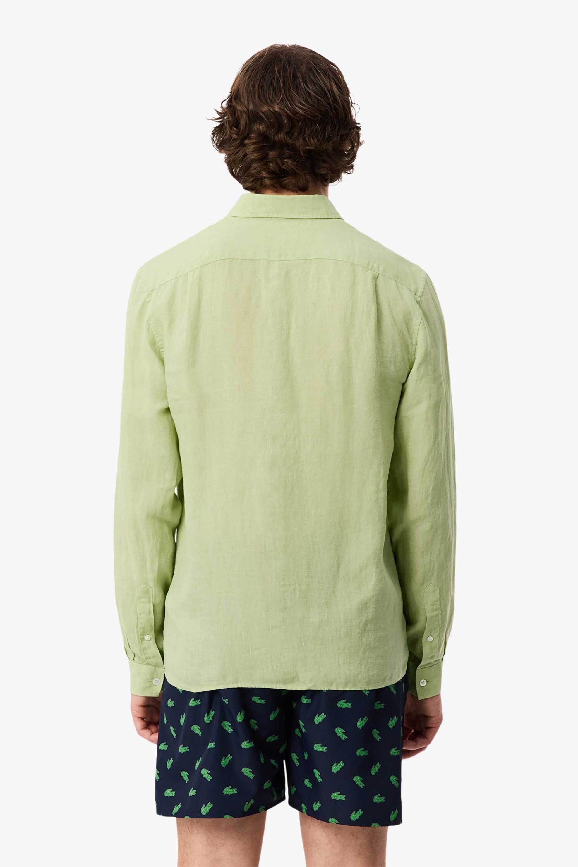 Lacoste Ανδρικό Λινό Πουκάμισο Button Down με Τσέπη Και Κεντημένο Λογότυπο Regular Fit - Ch5692 Πράσινο Ανοιχτό