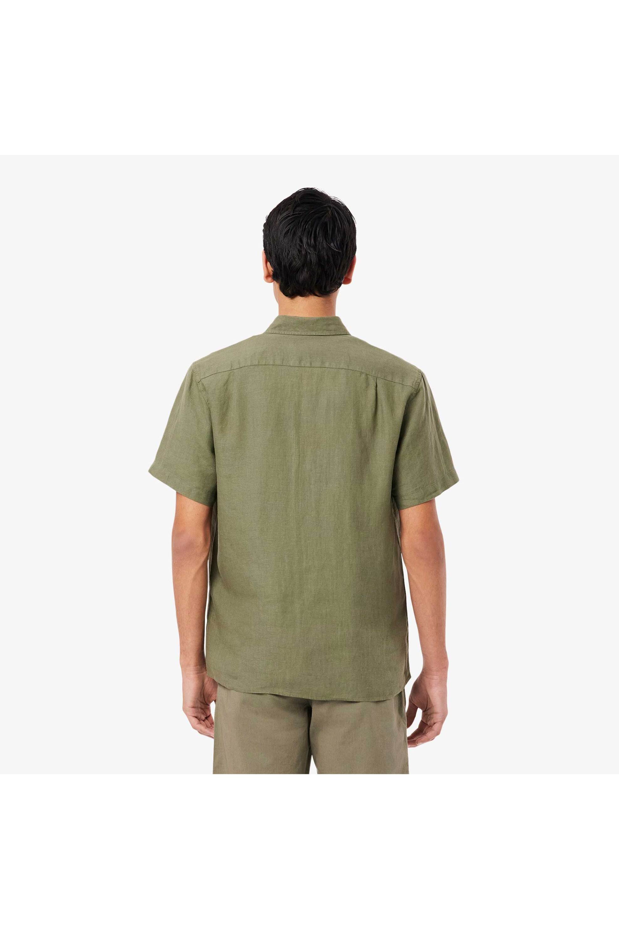 Lacoste Ανδρικό Λινό Πουκάμισο Κοντομάνικο με Τσέπη Και Κεντημένο Λογότυπο Regular Fit - Ch5699 Λαδί