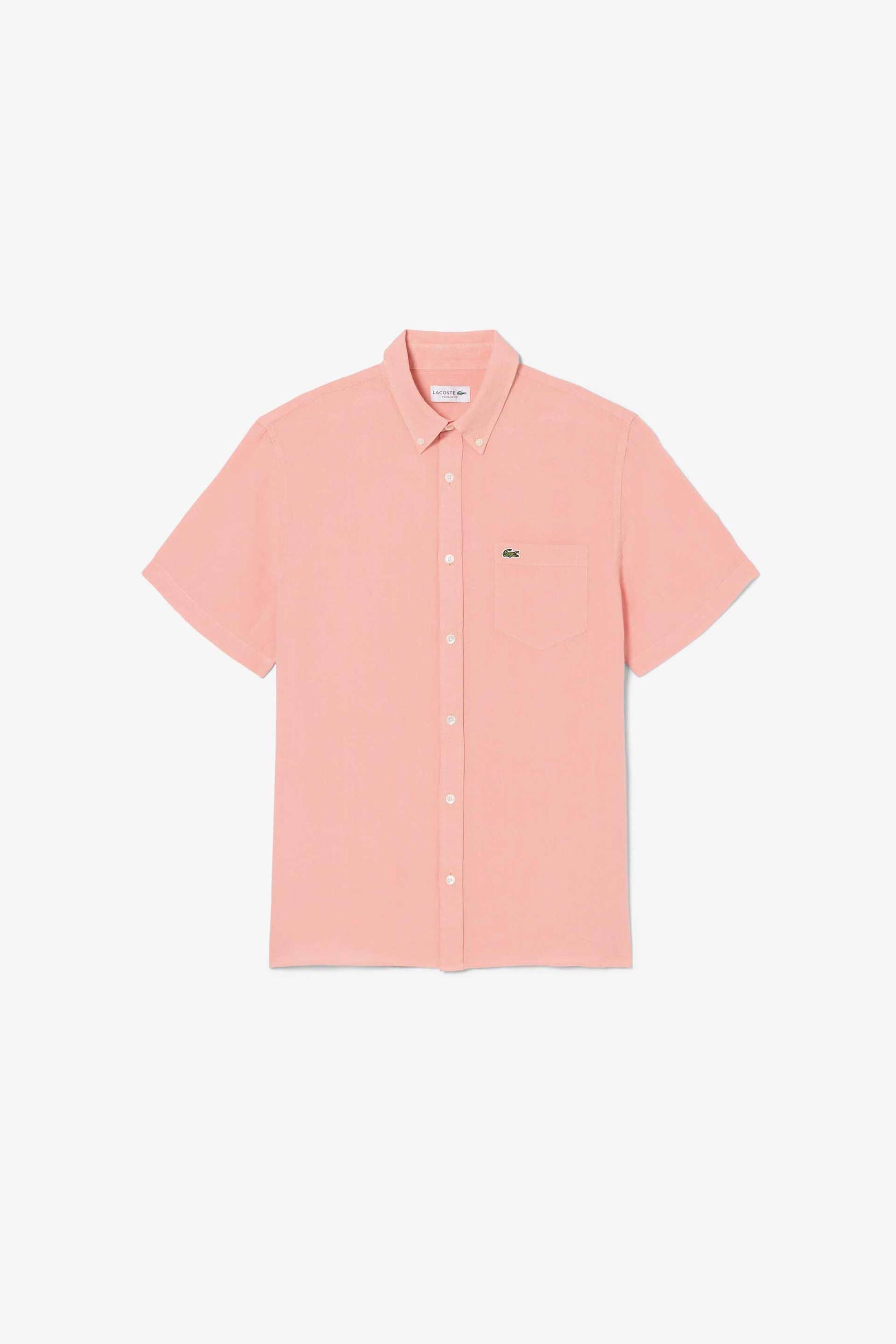 Lacoste ανδρικό λινό πουκάμισο κοντομάνικο με τσέπη και κεντημένο λογότυπο Regular Fit - CH5699 Σομόν