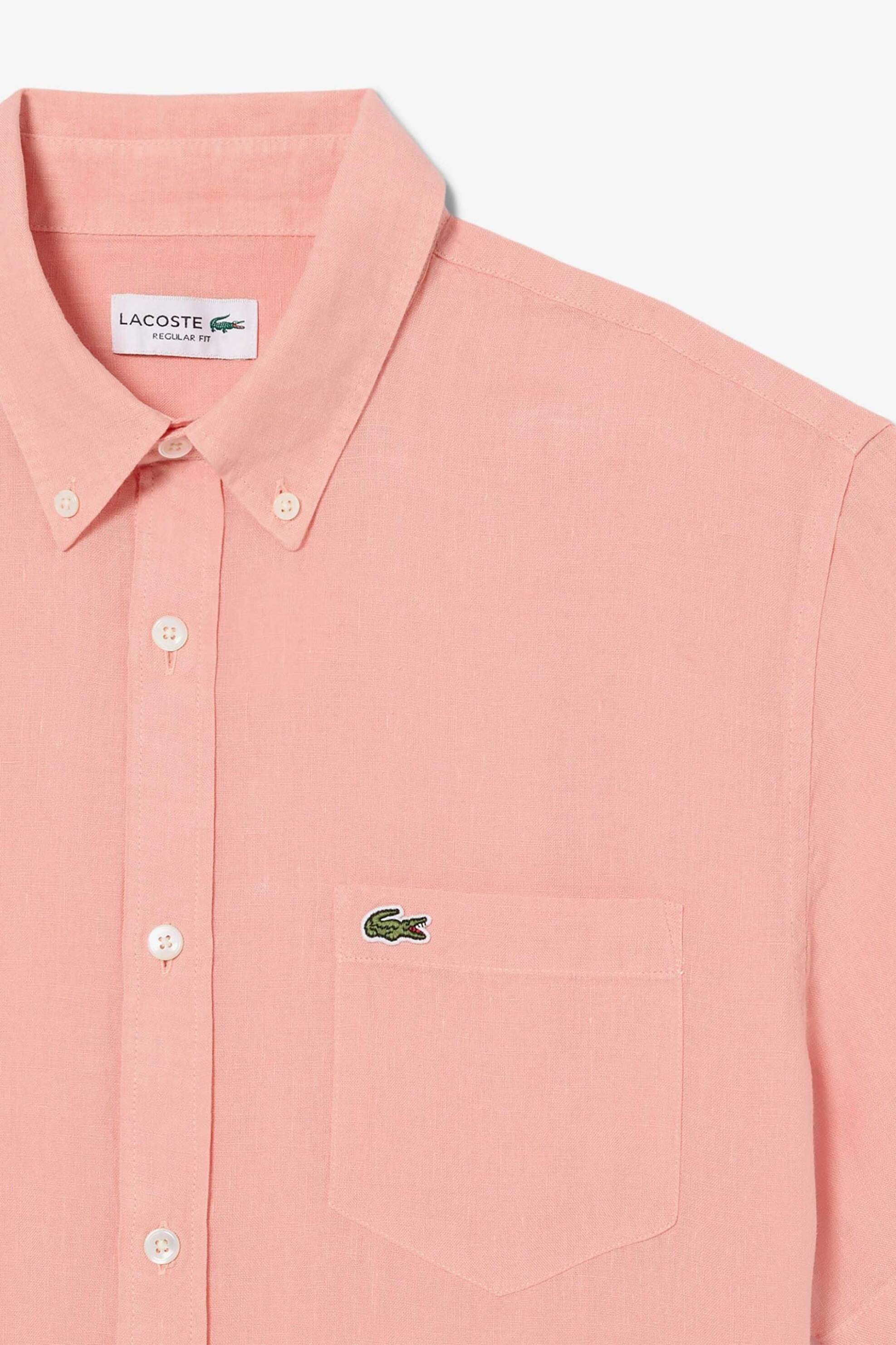 Lacoste Ανδρικό Λινό Πουκάμισο Κοντομάνικο με Τσέπη Και Κεντημένο Λογότυπο Regular Fit - Ch5699 Σομόν