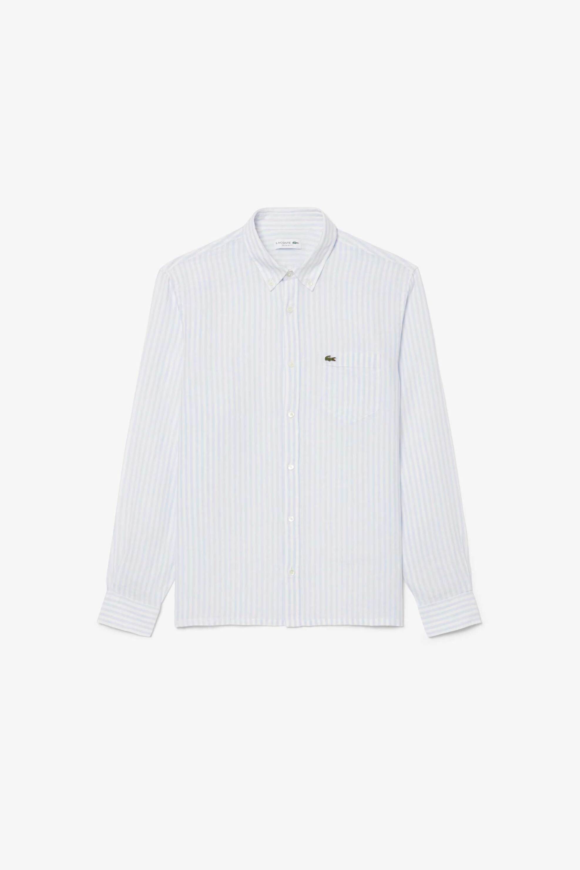 Lacoste Ανδρικό Λινό Πουκάμισο με Ριγέ Σχέδιο Και Τσέπη Κεντημένο Λογότυπο Regular Fit - Ch6985 Μπλε Ανοιχτό