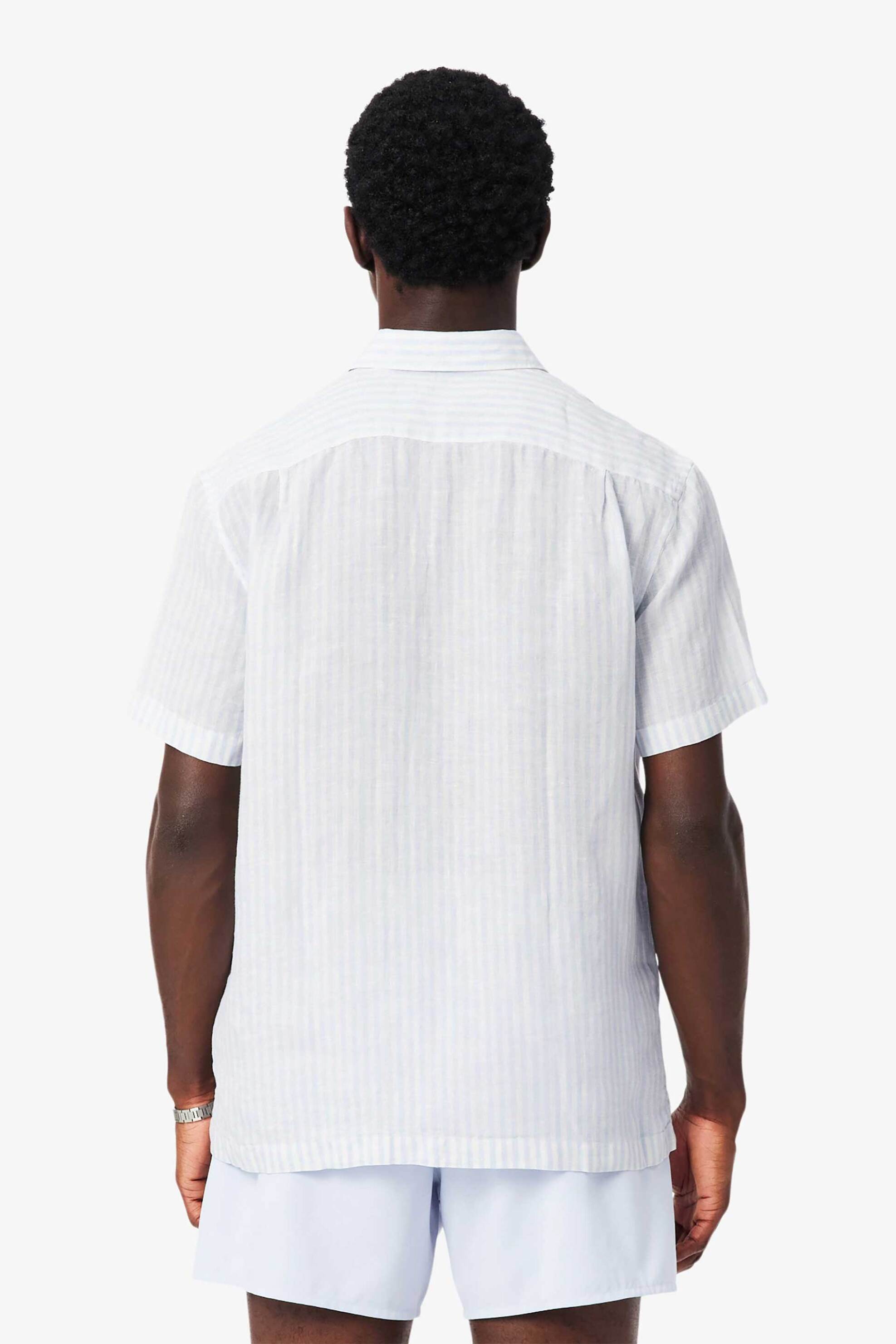 Lacoste Ανδρικό Λινό Πουκάμισο Button Down με Ριγέ Σχέδιο Και Τσέπη Λογότυπο Regular Fit - Ch8061 Μπλε Ανοιχτό