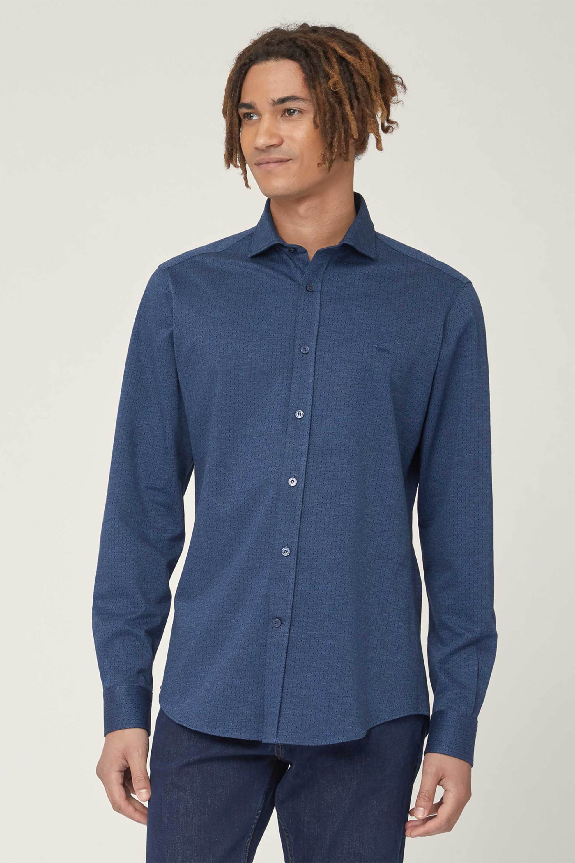 Harmont & Blaine ανδρικό πουκάμισο με μικροσχέδιο και ton-sur-ton κεντημένο λογότυπο Narrow Fit - CNM001012932I Μπλε Σκούρο