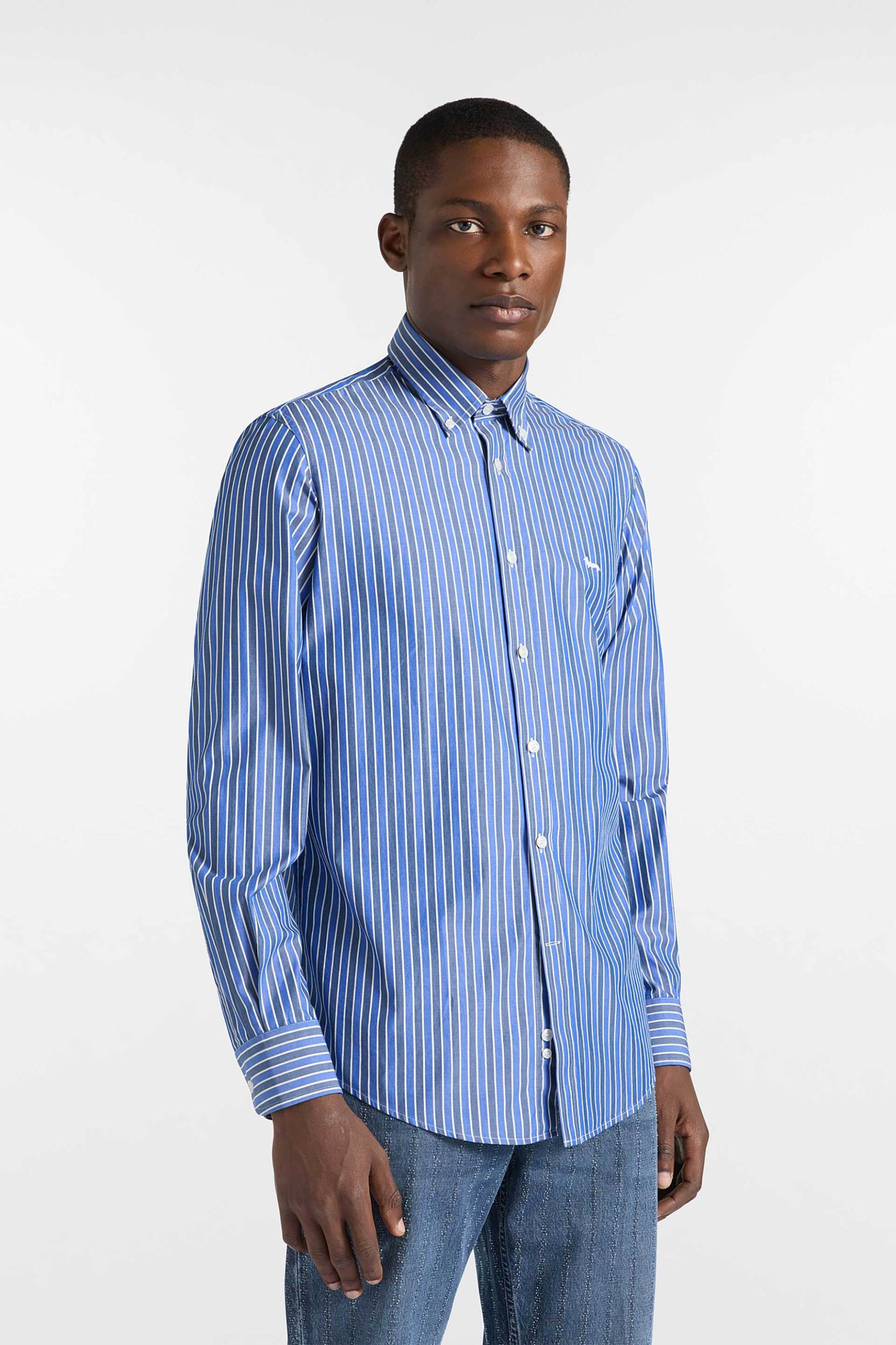 Harmont & Blaine ανδρικό πουκάμισο button down με ριγέ σχέδιο και κεντημένο λογότυπο Regular Fit - CRP001013487M Μπλε