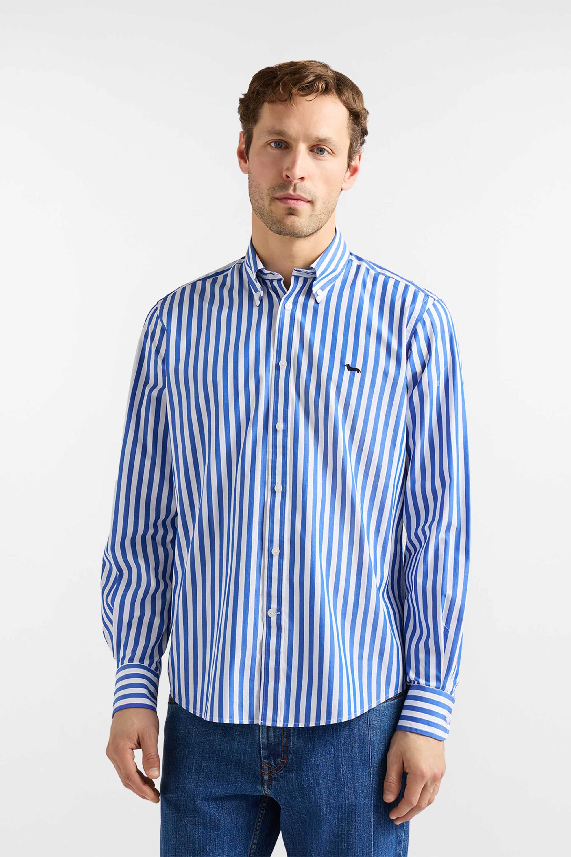 Harmont & Blaine ανδρικό πουκάμισο poplin button down με ριγέ σχέδιο και λογότυπο Regular Fit - CRQ001013683B Μπλε