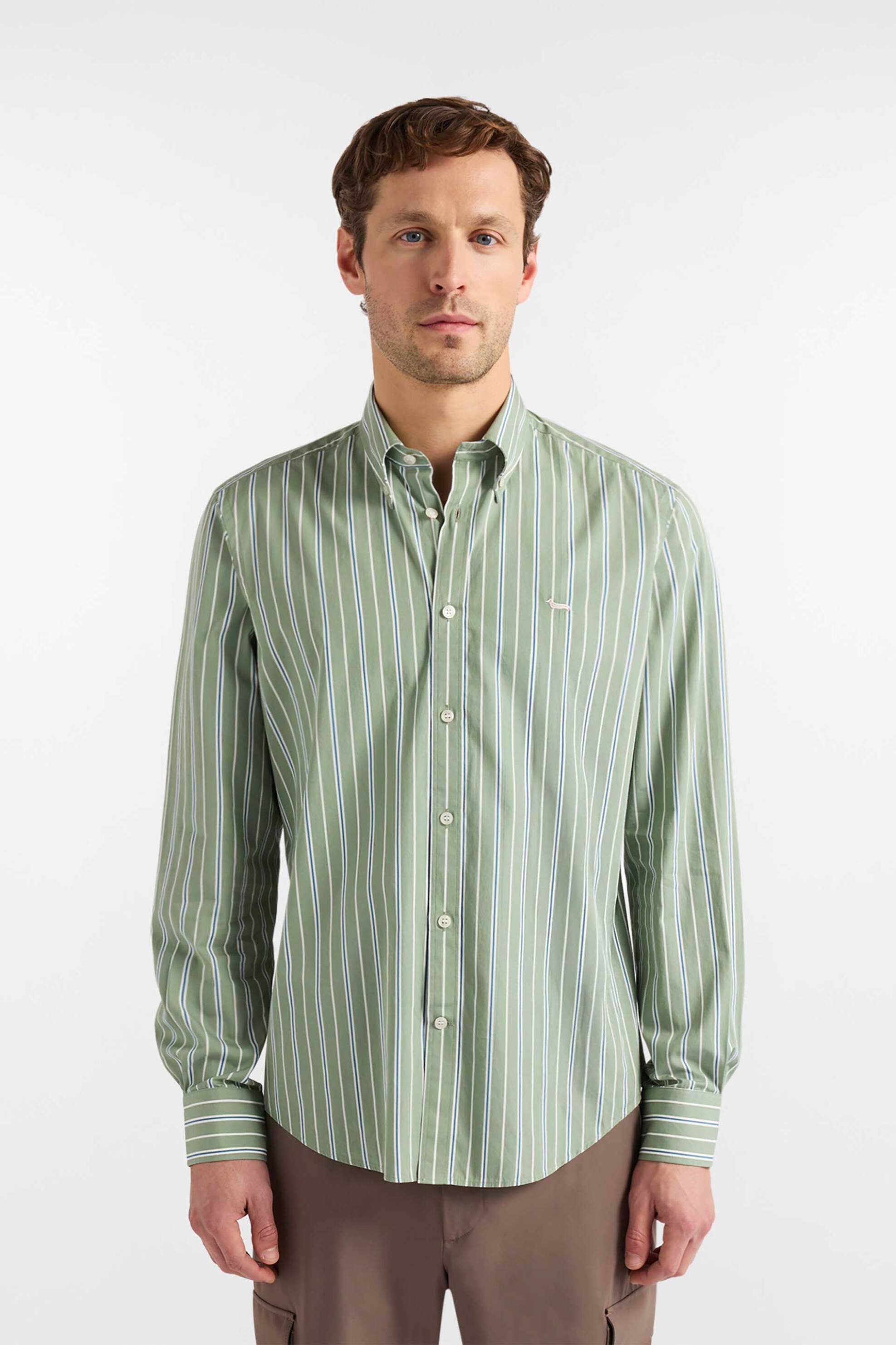 Harmont & Blaine ανδρικό πουκάμισο button down με ριγέ σχέδιο και κεντημένο λογότυπο Regular Fit - CRQ011013688B Πράσινο Ανοιχτό