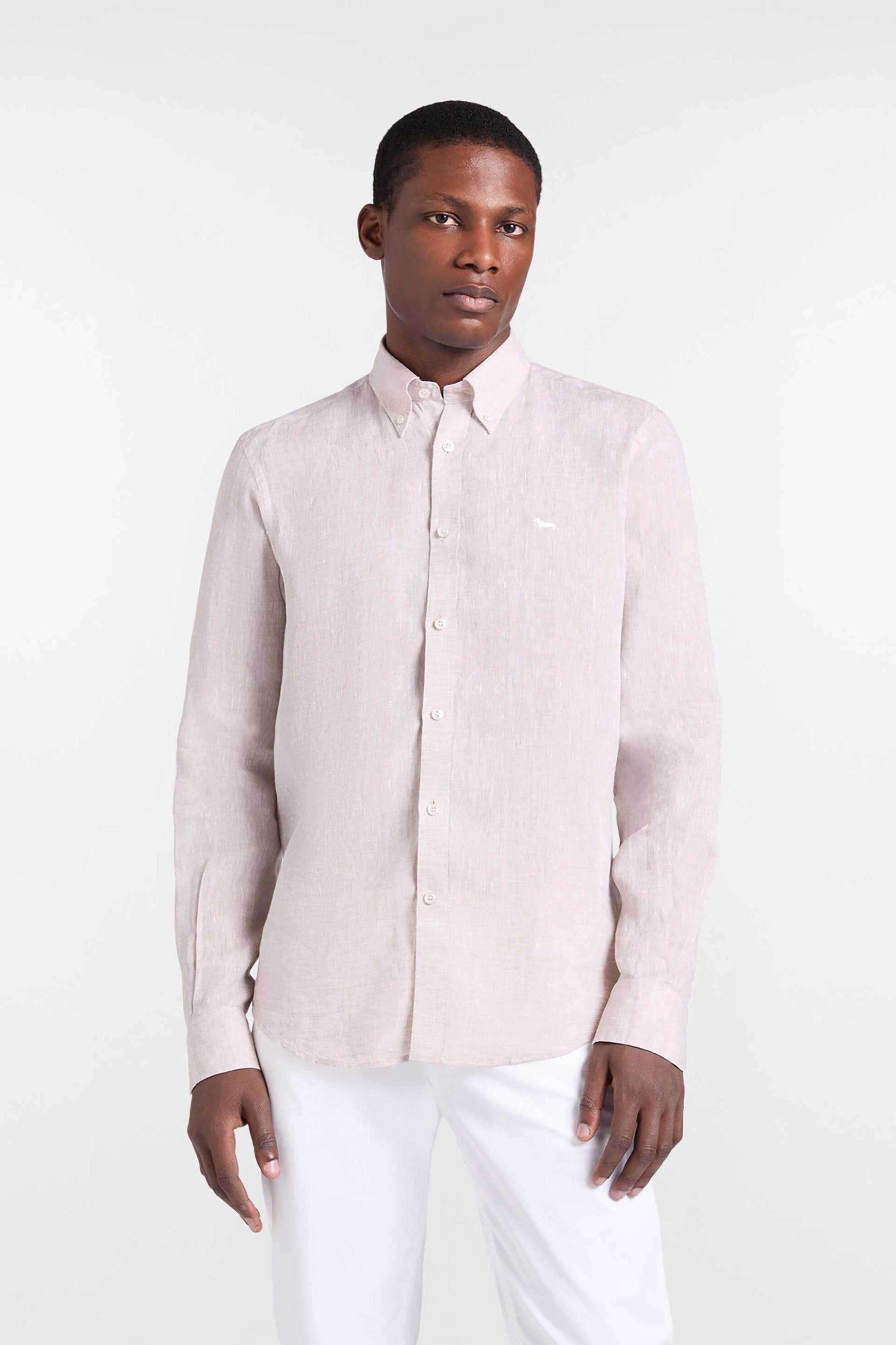 Harmont & Blaine ανδρικό λινό πουκάμισο button down με κεντημένο λογότυπο Regular Fit - CRQ014010883B Μπεζ