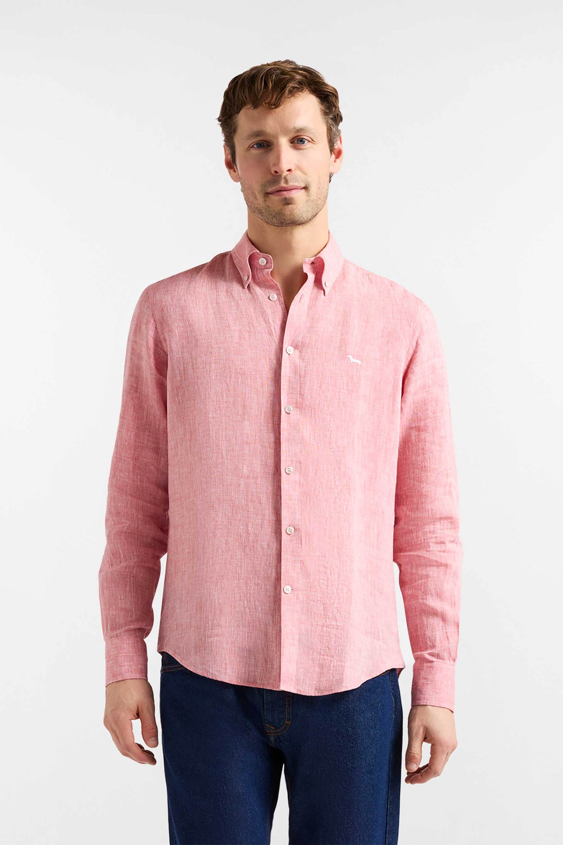 Harmont & Blaine ανδρικό λινό πουκάμισο button down με κεντημένο λογότυπο Regular Fit - CRQ014010883B Ροζ