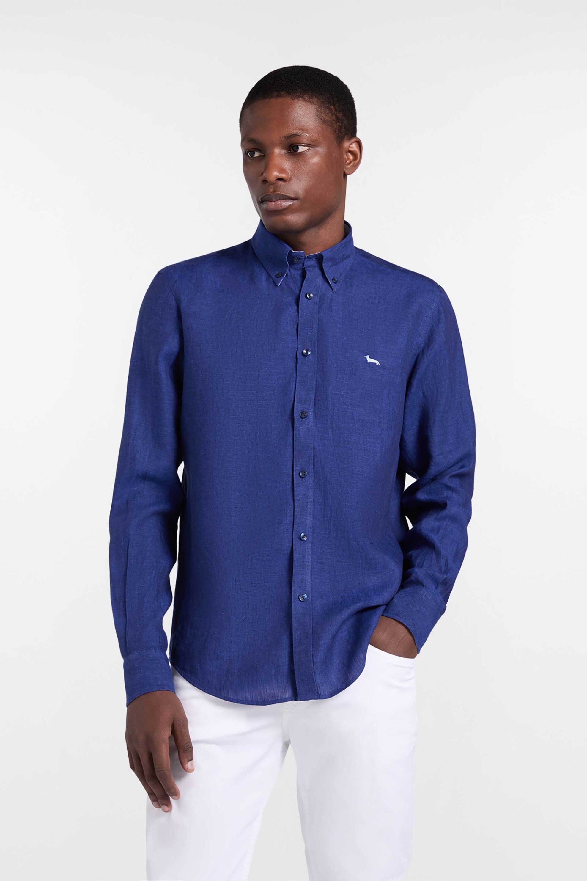 Harmont & Blaine ανδρικό λινό πουκάμισο button down με κεντημένο λογότυπο Regular Fit - CRQ014010883B Μπλε Σκούρο