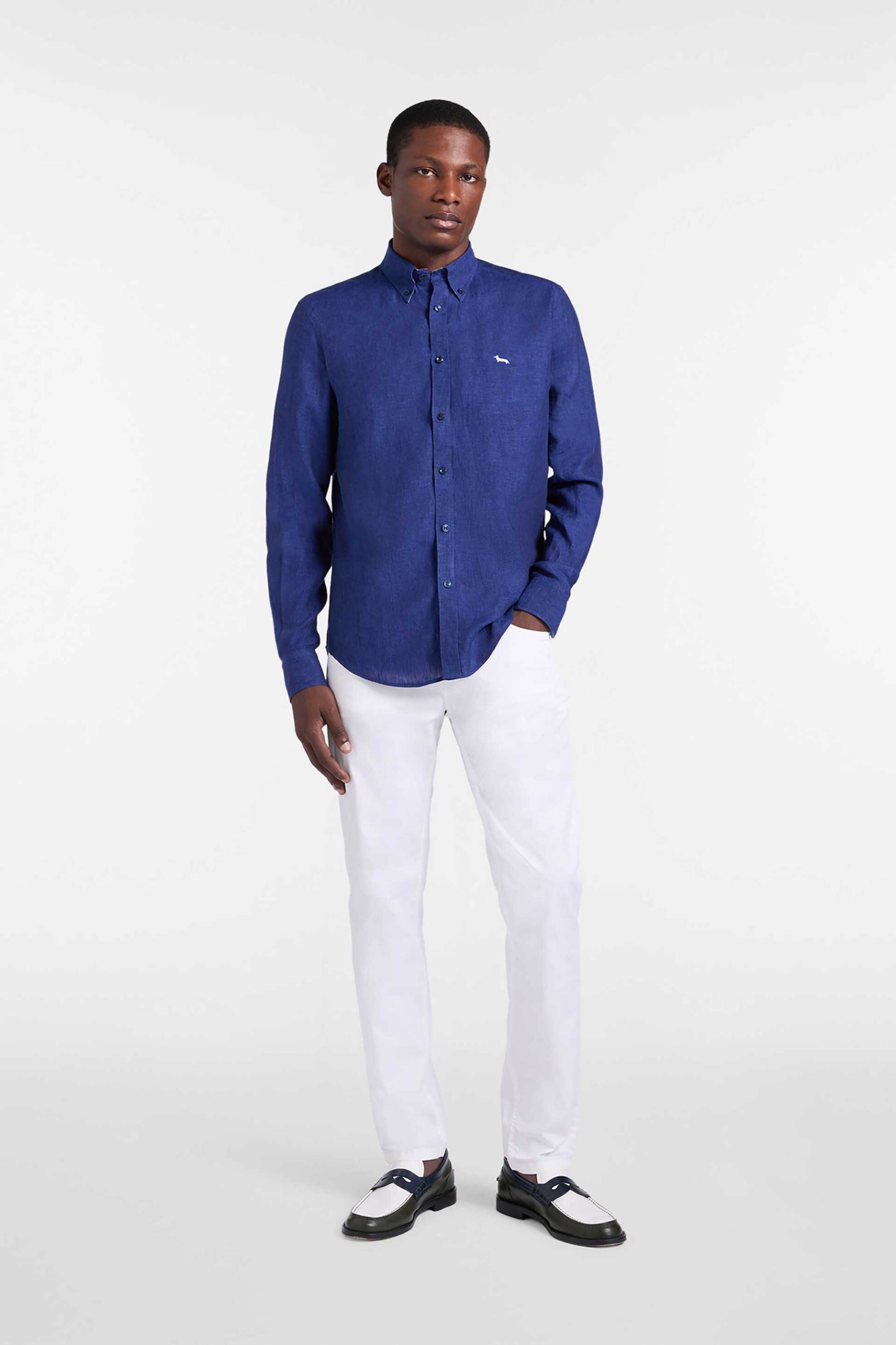 Harmont & Blaine ανδρικό λινό πουκάμισο button down με κεντημένο λογότυπο Regular Fit - CRQ014010883B Μπλε Σκούρο φωτογραφία