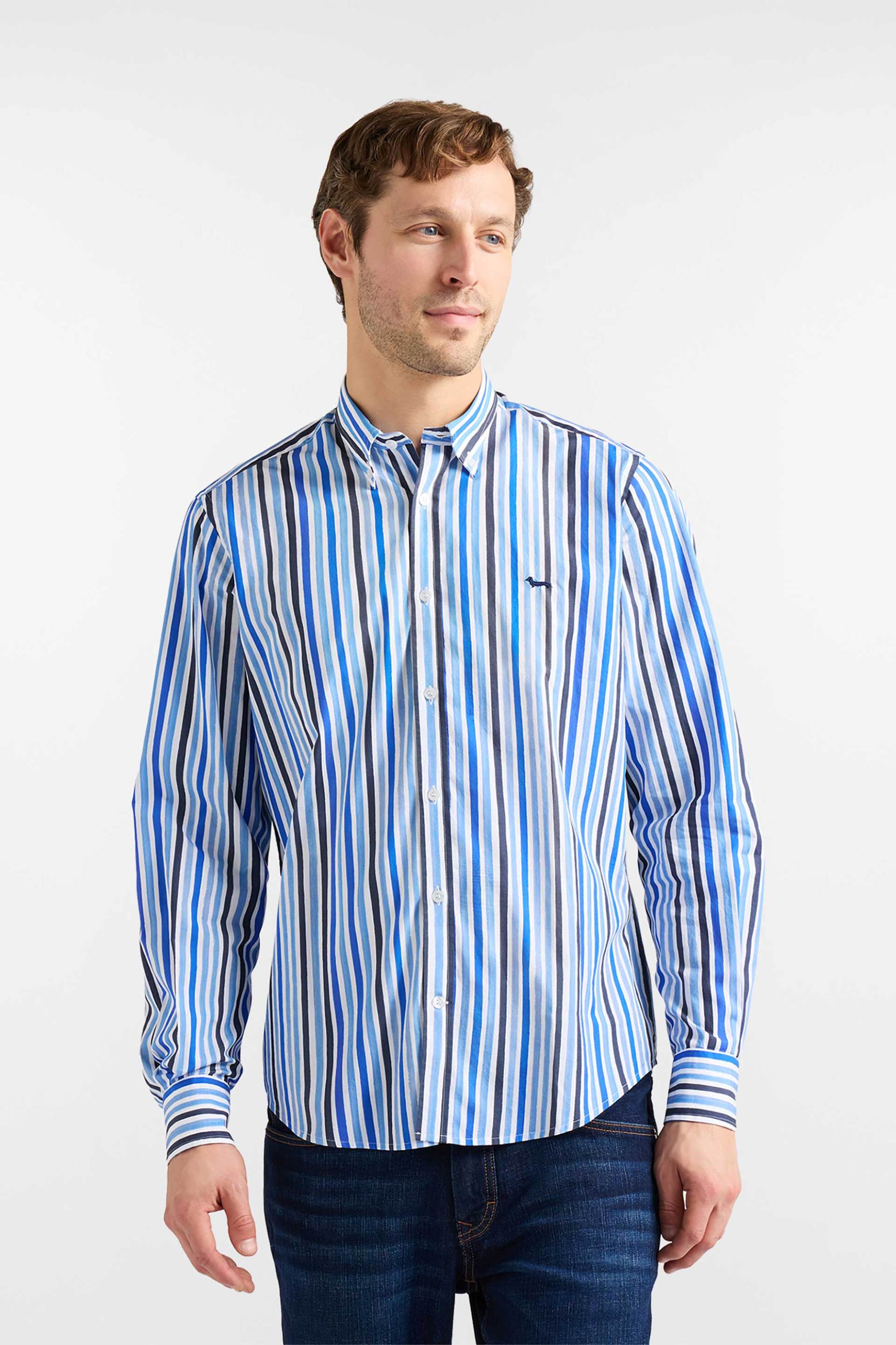 Harmont & Blaine ανδρικό πουκάμισο poplin button down με ριγέ σχέδιο και λογότυπο Regular Fit - CRQ026013702M Μπλε