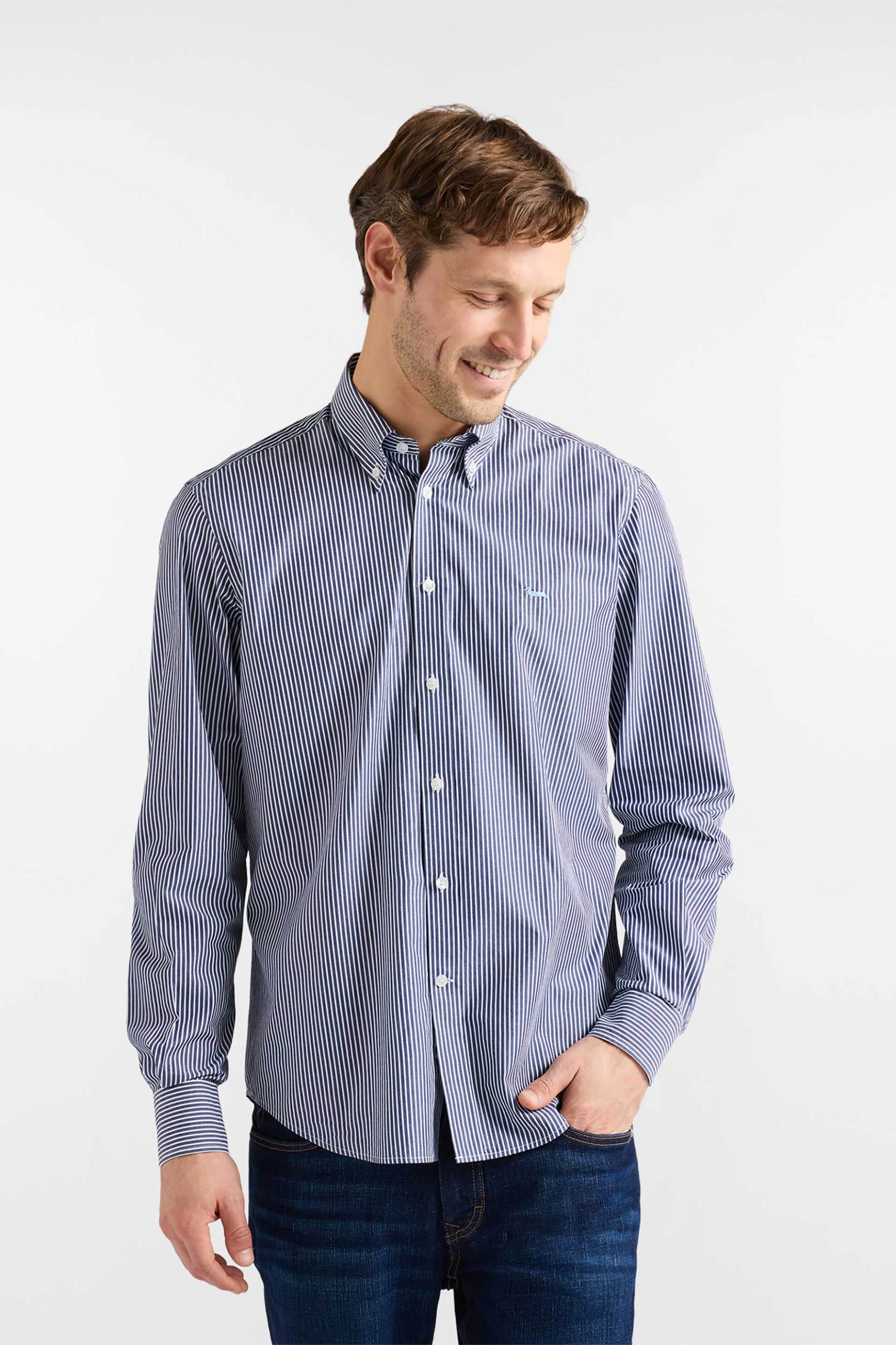 Harmont & Blaine ανδρικό πουκάμισο poplin button down με ριγέ σχέδιο και λογότυπο Regular Fit - CRQ074013436B Μπλε Σκούρο