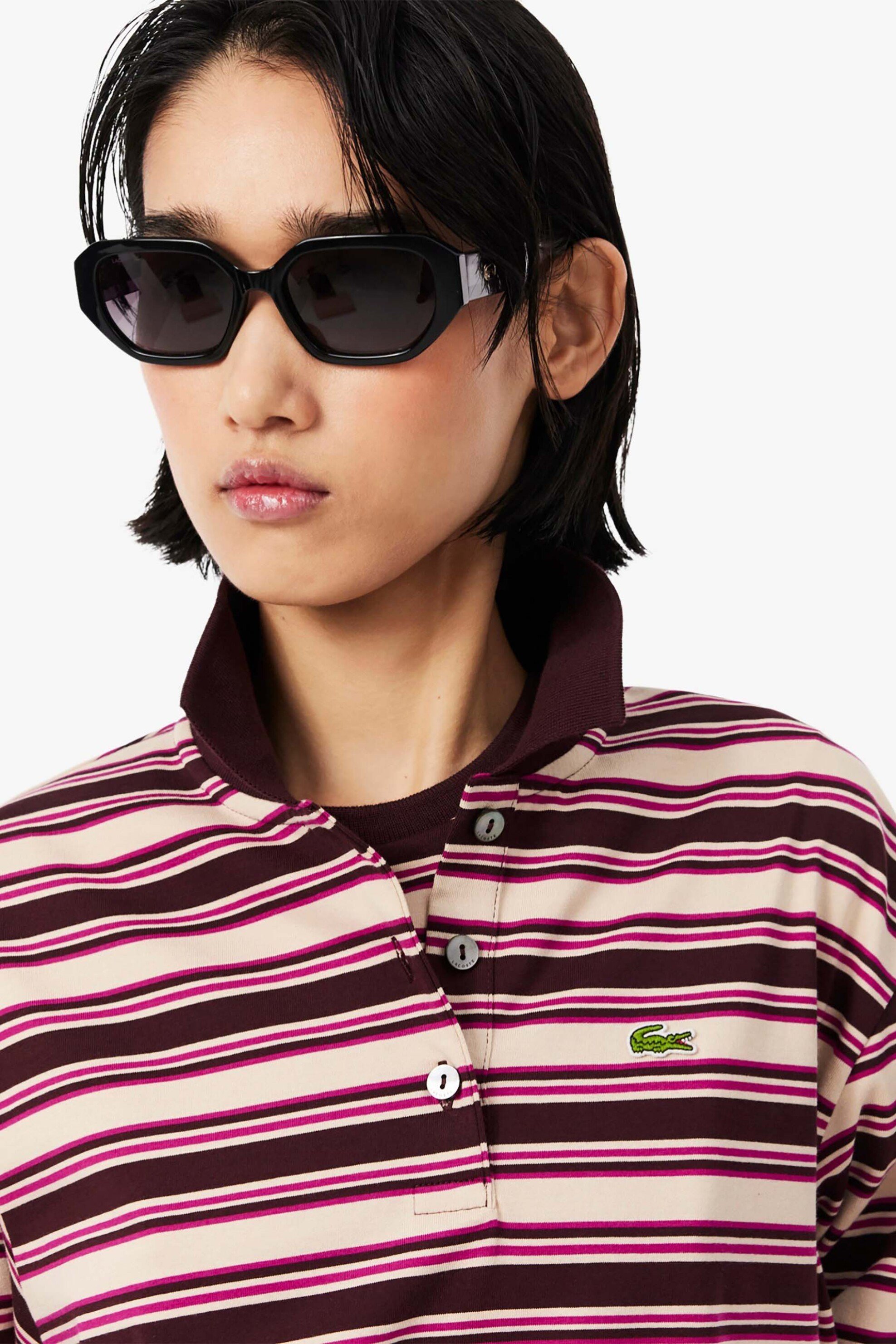 Lacoste γυναικεία μπλούζα πόλο με ριγέ σχέδιο και κεντημένο λογότυπο Oversized Fit - DF3003 Ροζ