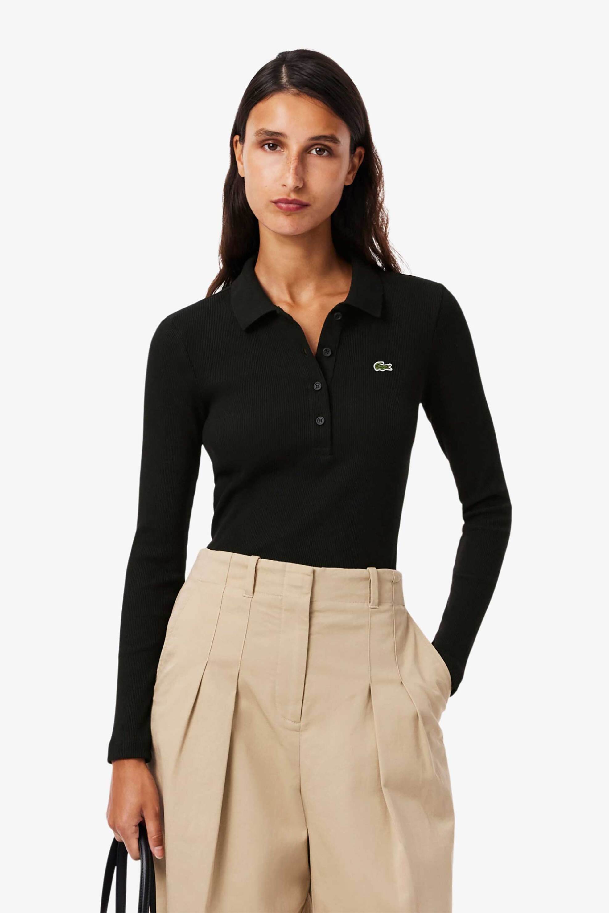 LACOSTE Lacoste γυναικεία μπλούζα πόλο πικέ μακρυμάνικη με κεντημένο λογότυπο Slim Fit - DF5281-00 Μαύρο