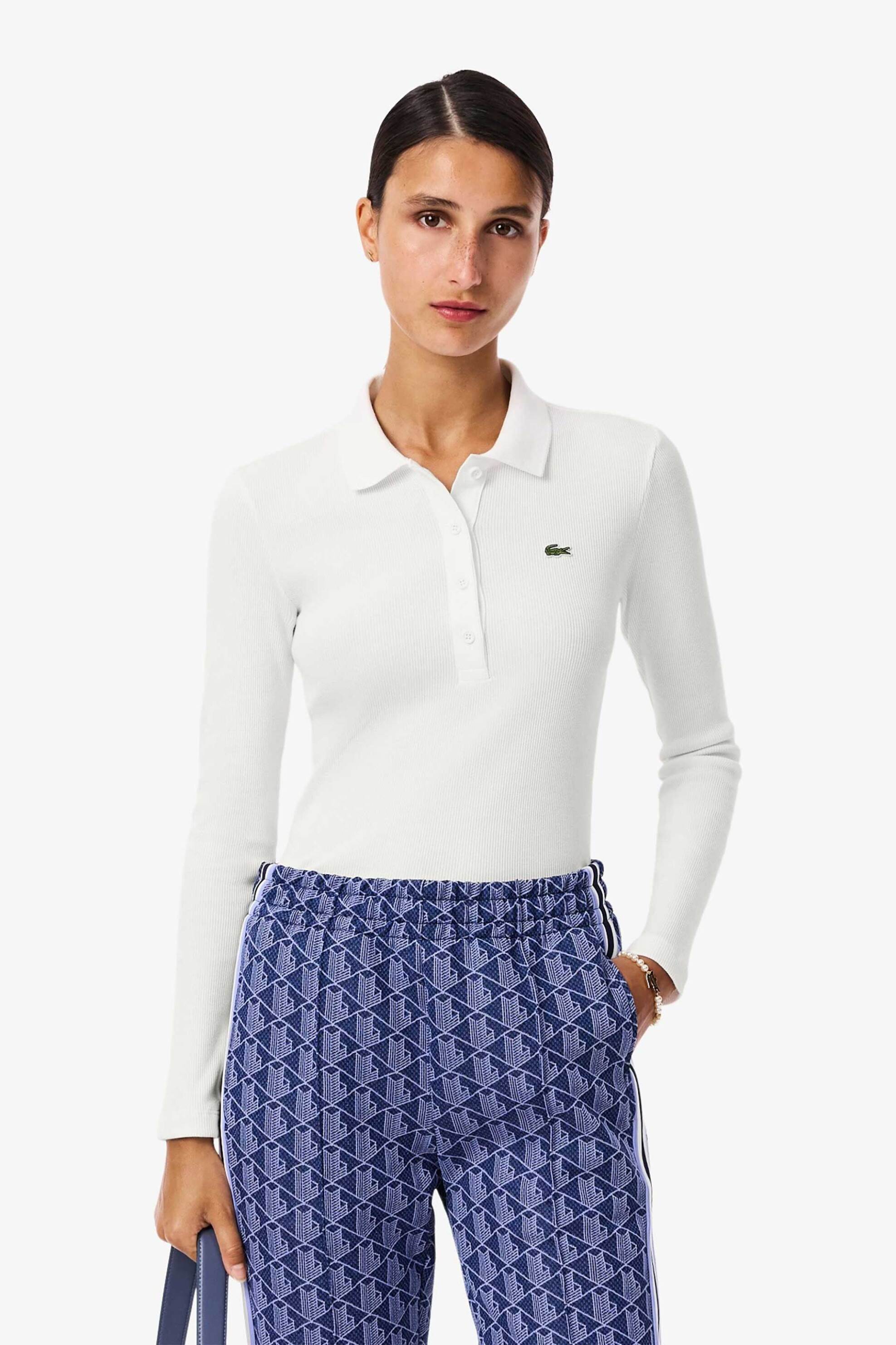 LACOSTE Lacoste γυναικεία μπλούζα πόλο πικέ μακρυμάνικη με κεντημένο λογότυπο Slim Fit - DF5281-00 Λευκό