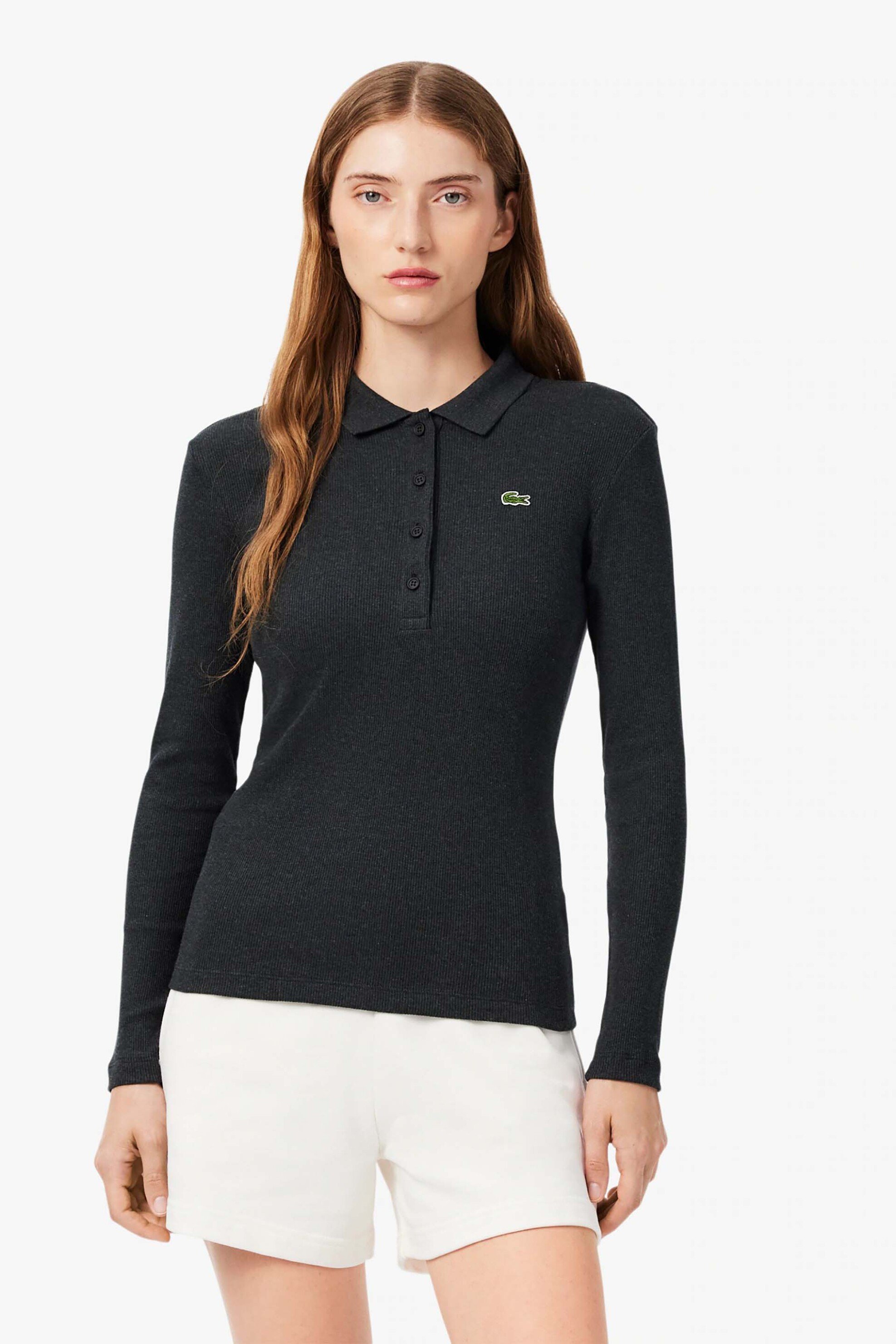 LACOSTE Lacoste γυναικεία μπλούζα πόλο πικέ μακρυμάνικη με κεντημένο λογότυπο Slim Fit - DF5281-00 Ανθρακί