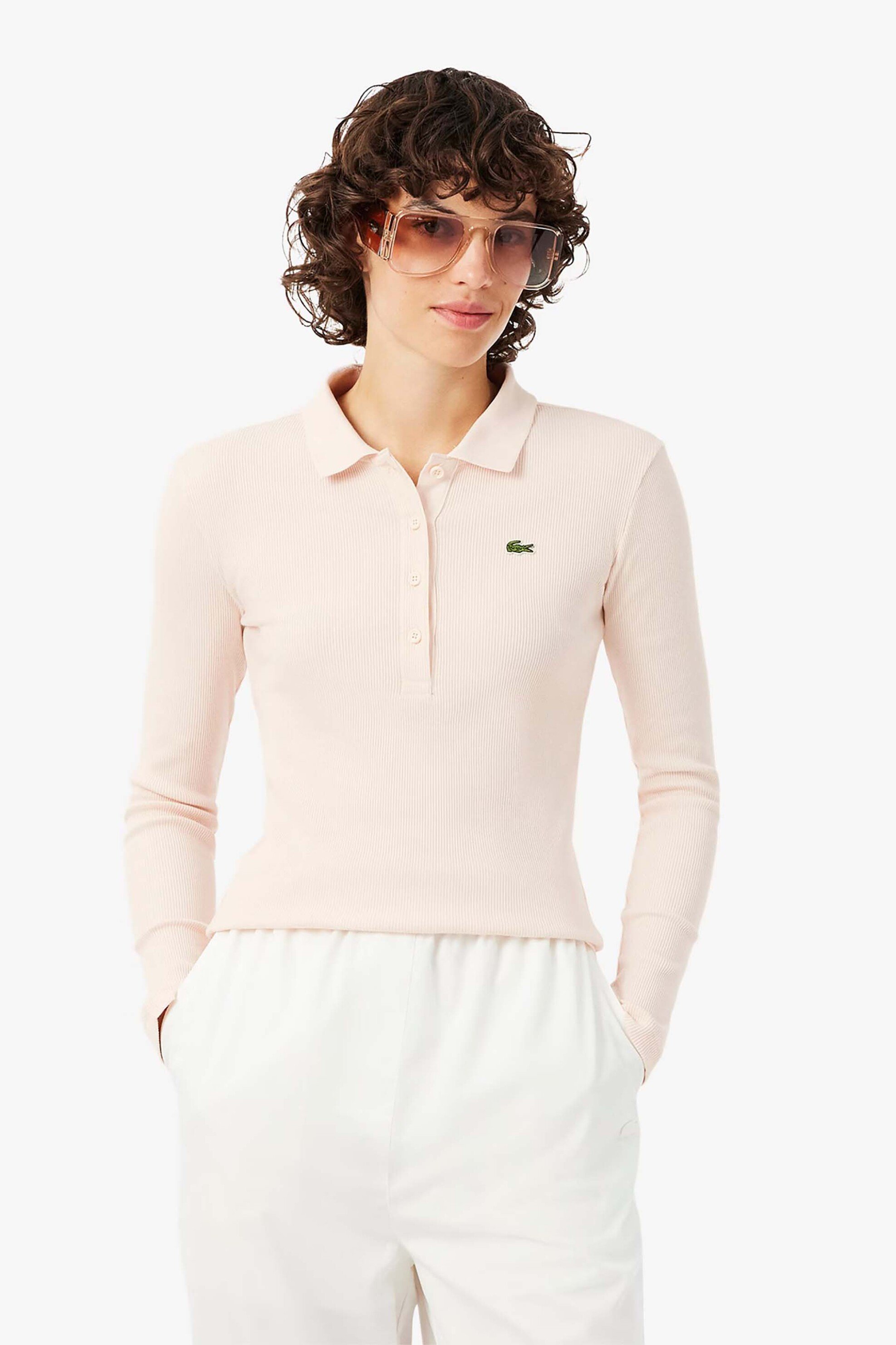 LACOSTE Lacoste γυναικεία μπλούζα πόλο πικέ μακρυμάνικη με κεντημένο λογότυπο Slim Fit - DF5281-00 Ροζ Ανοιχτό