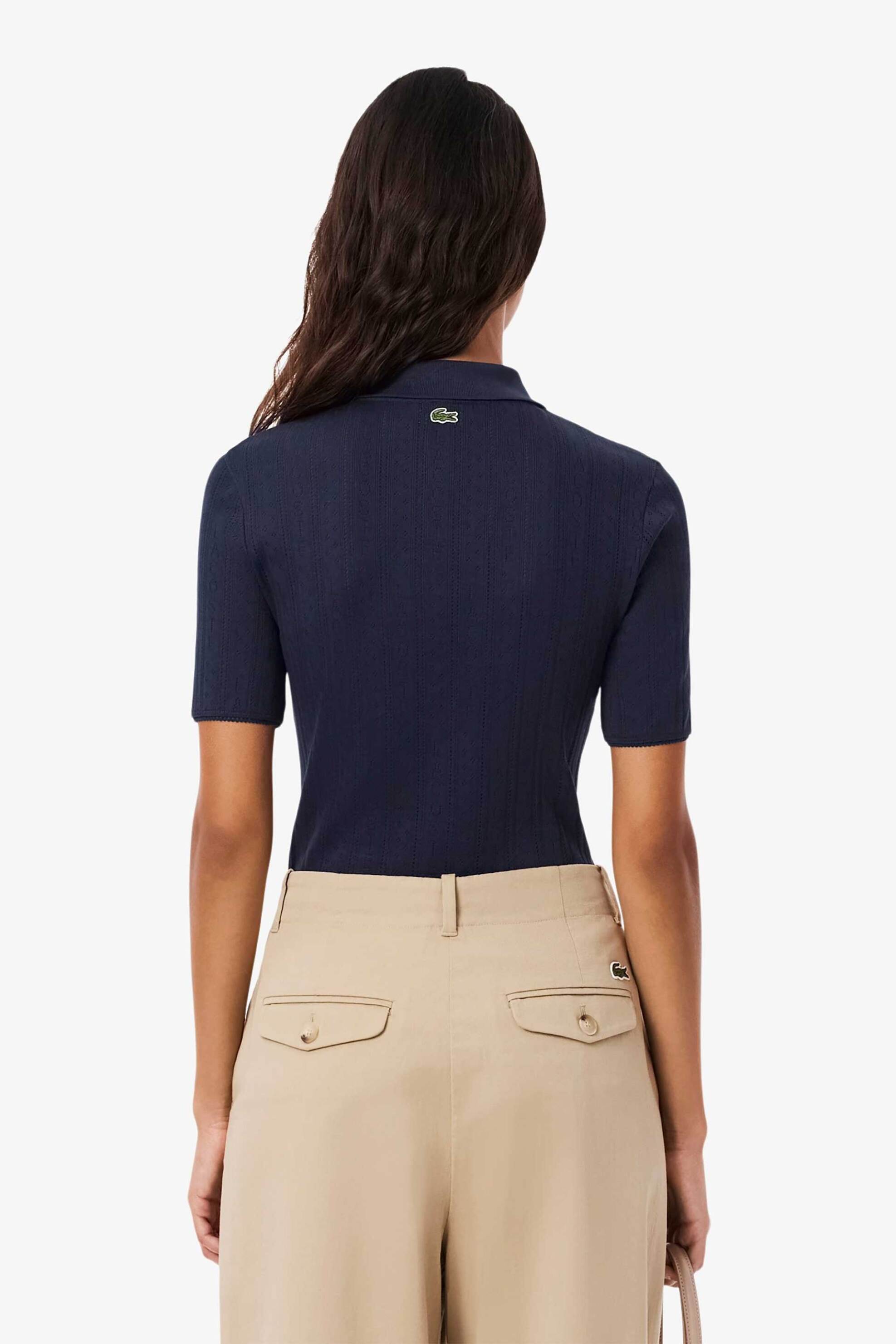 Lacoste γυναικεία πλεκτή μπλούζα πόλο με διάτρητο κεντητό σχέδιο Slim Fit - DF5296-00 Μπλε Σκούρο φωτογραφία