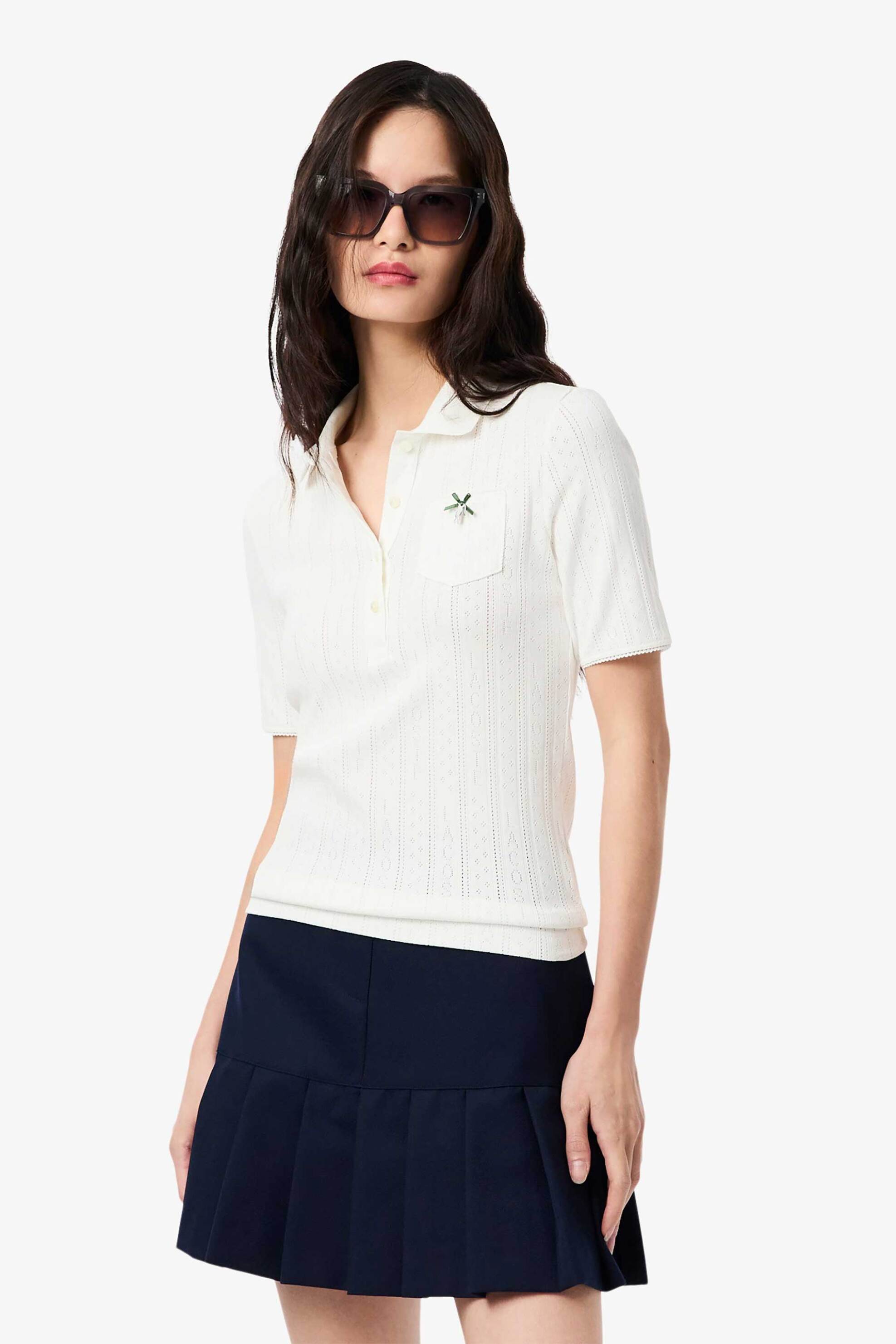 LACOSTE Lacoste γυναικεία πλεκτή μπλούζα πόλο με διάτρητο κεντητό σχέδιο Slim Fit - DF5296-00 Λευκό