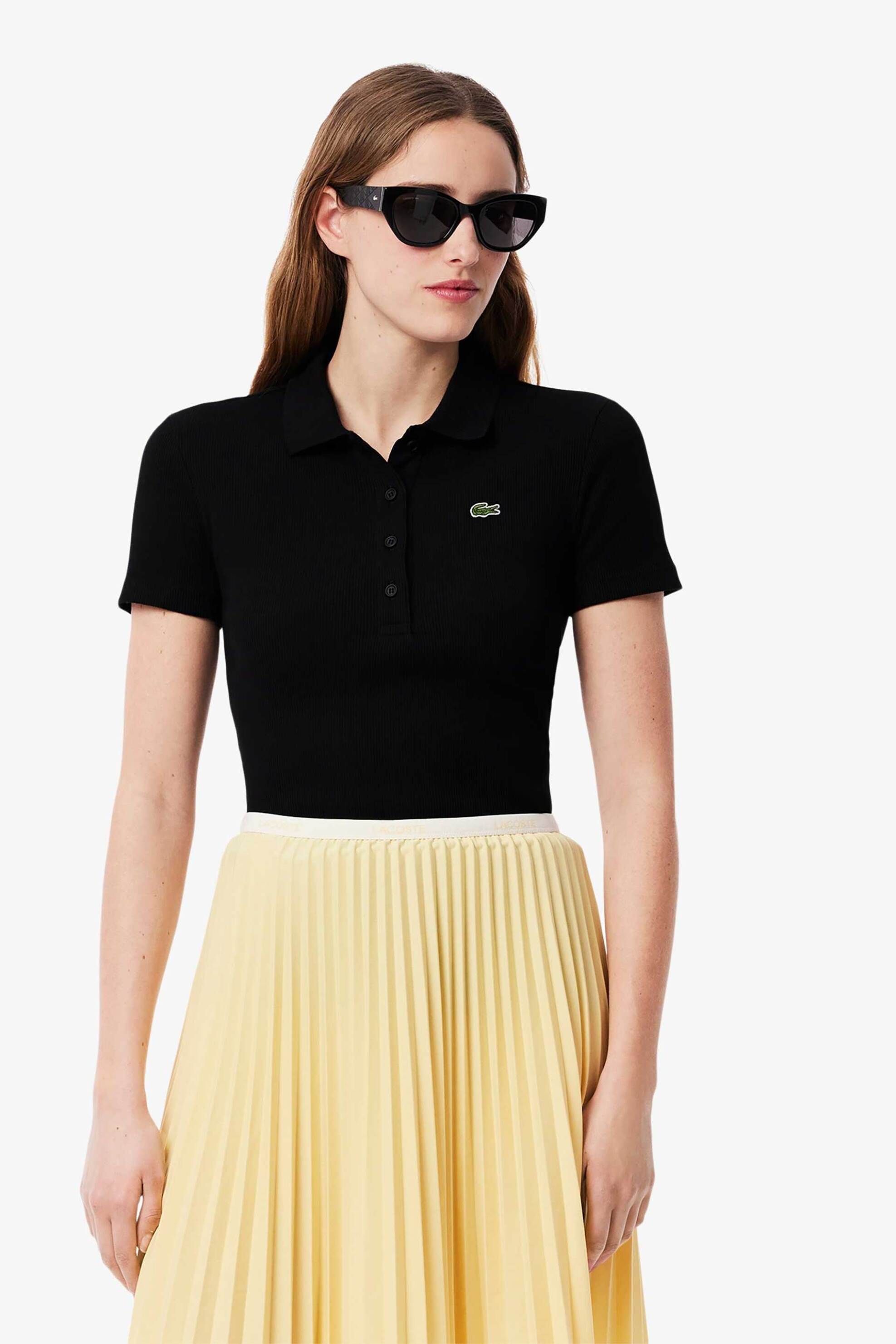 LACOSTE Lacoste γυναικεία μπλούζα πόλο ribbed με κεντημένο λογότυπο Slim Fit - DF5377 Μαύρο