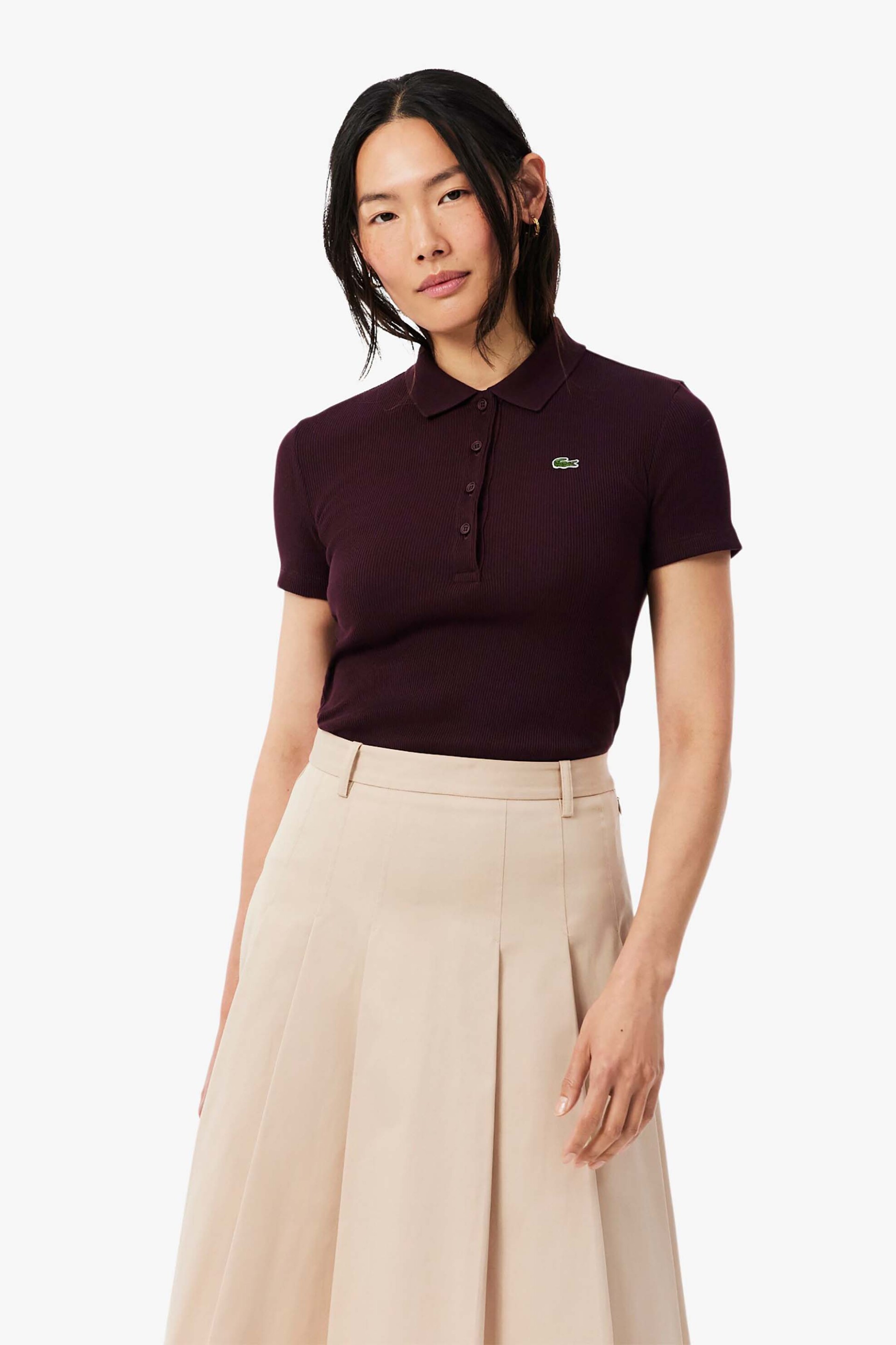 Lacoste γυναικεία μπλούζα πόλο ribbed με κεντημένο λογότυπο Slim Fit - DF5377 Μπορντό Σκούρο