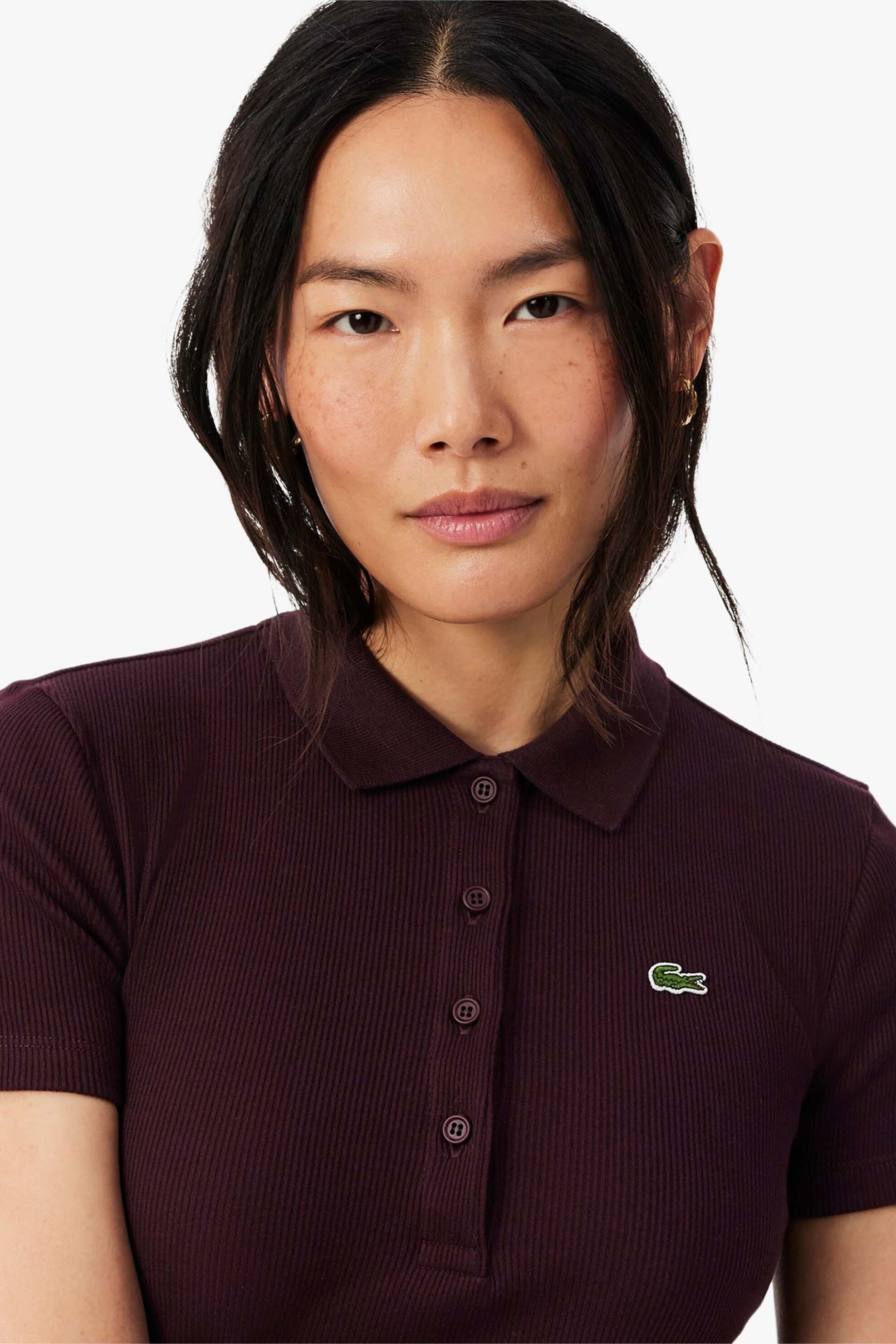 Lacoste γυναικεία μπλούζα πόλο ribbed με κεντημένο λογότυπο Slim Fit - DF5377 Μπορντό Σκούρο